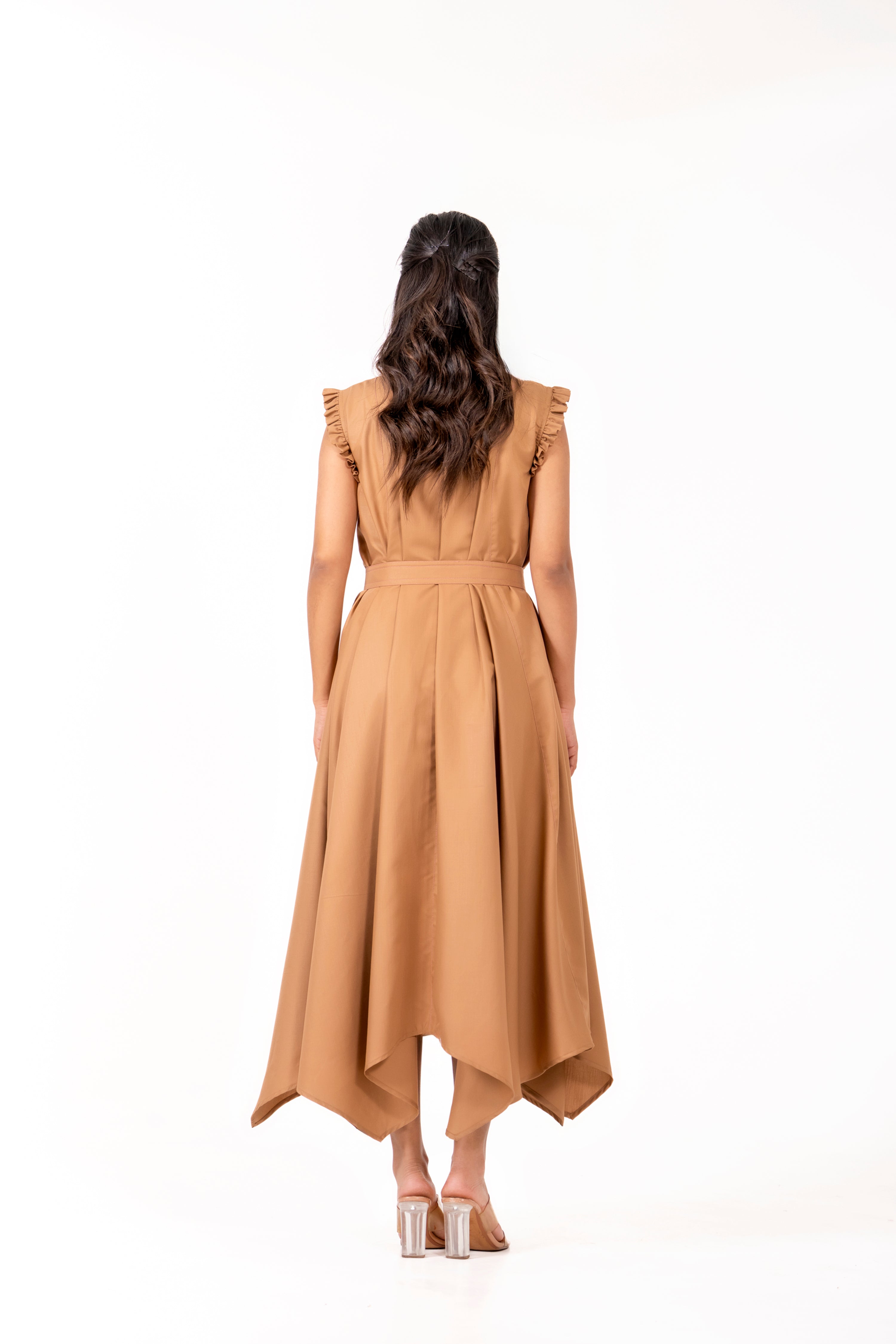 BEIGE HANDKERCHIEF HEM DRESS WITH FLORAL EMBROIDERY.