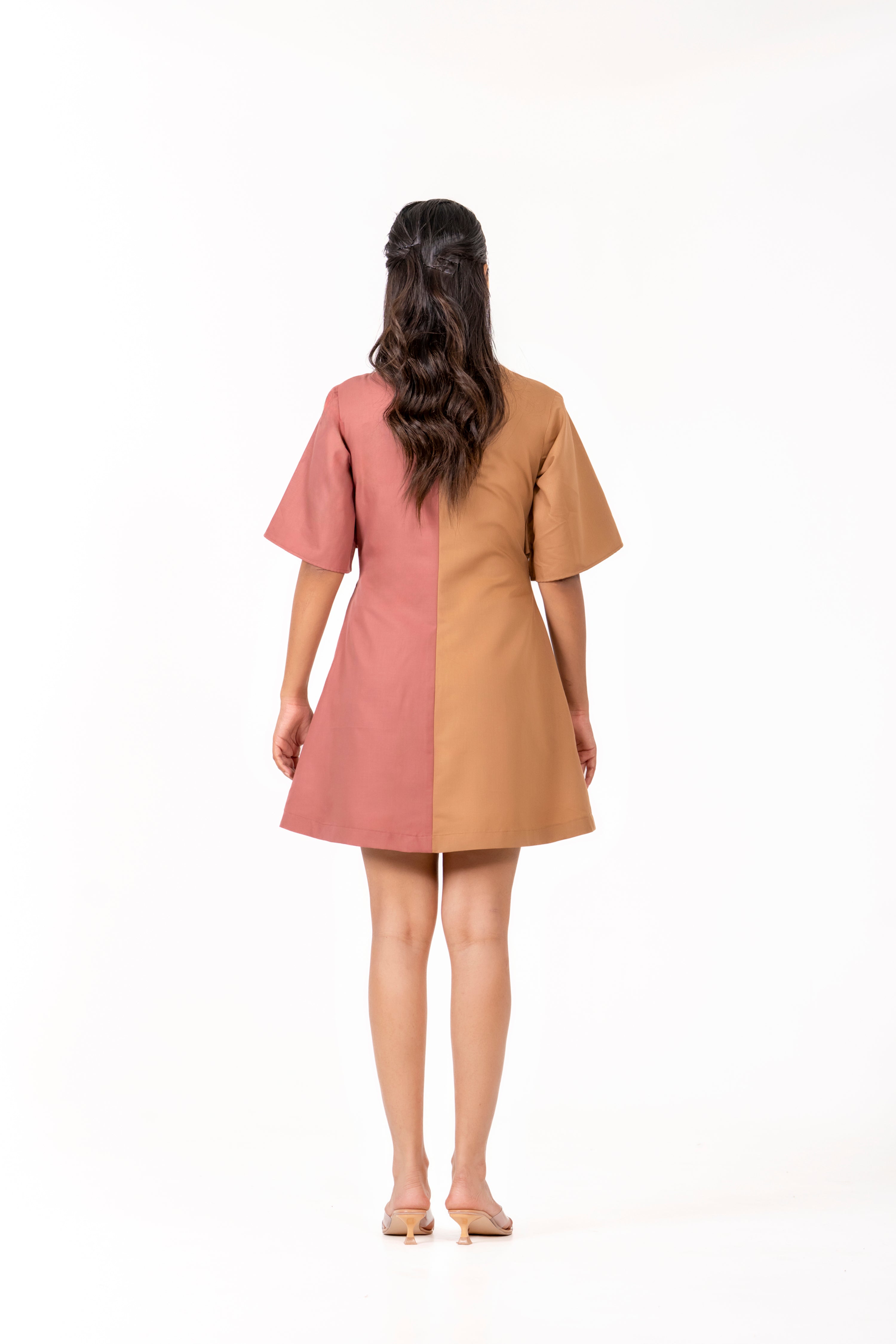 TWO - TONE DRESS WITH FLORAL EMBROIDERY