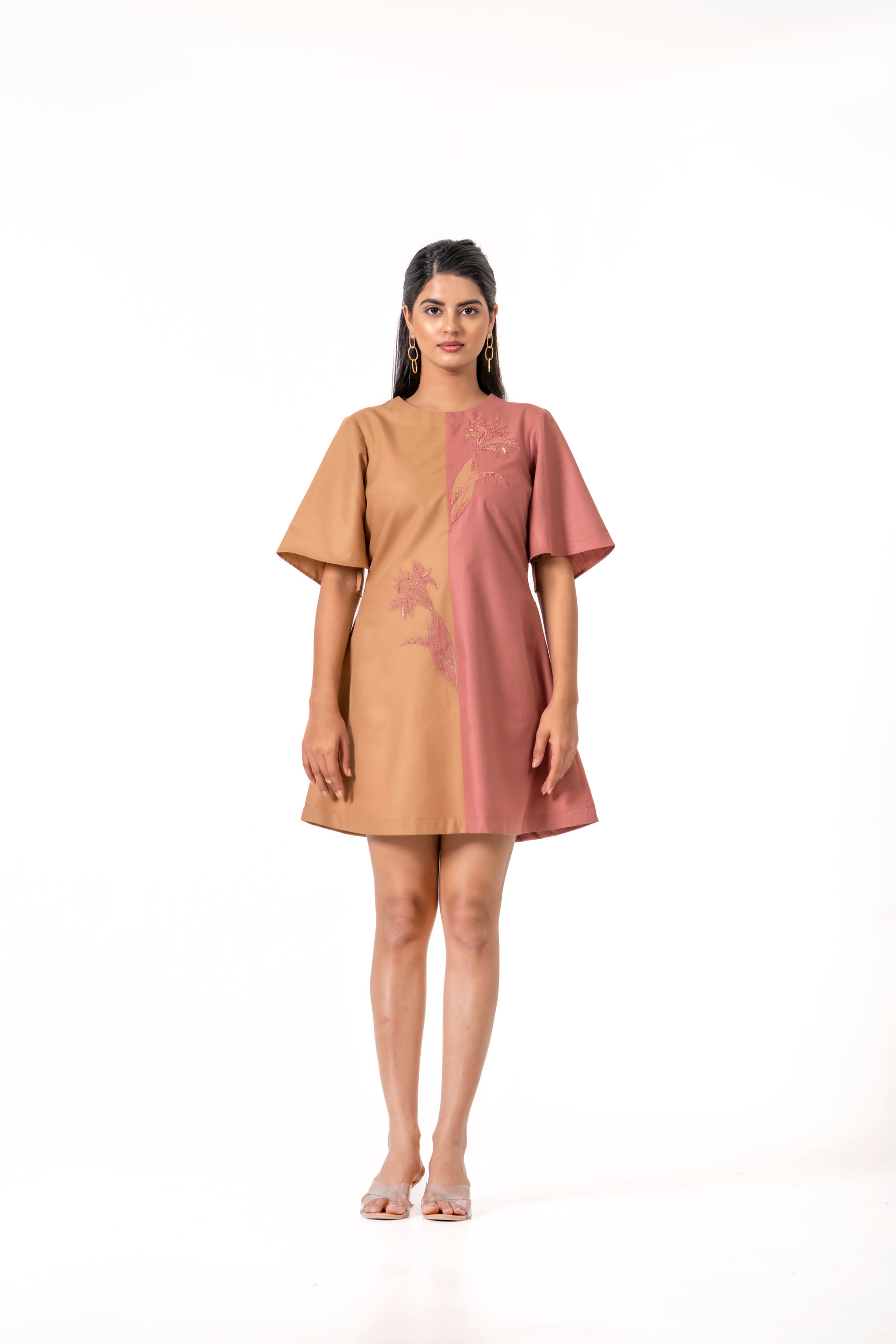 TWO - TONE DRESS WITH FLORAL EMBROIDERY