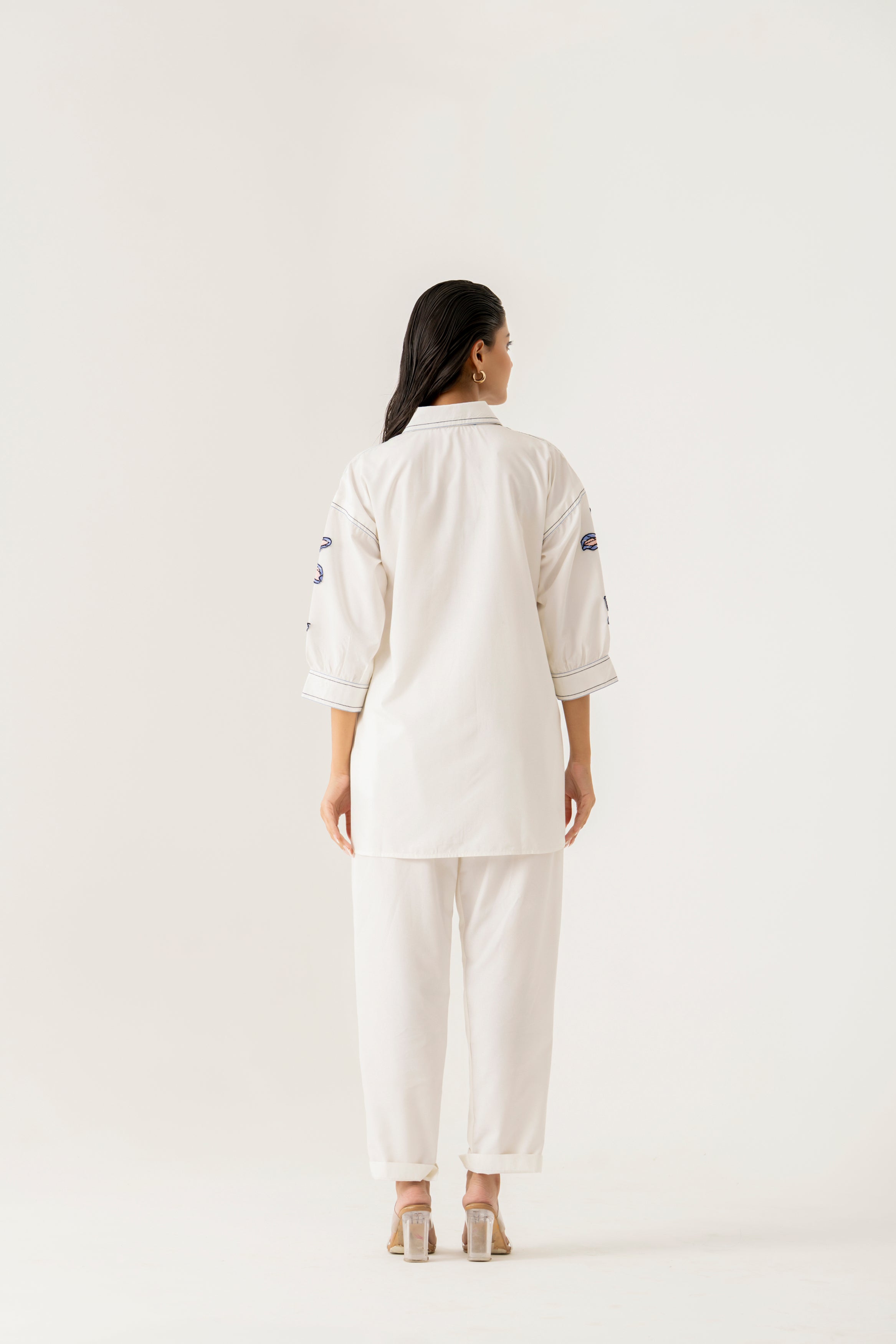 White Co-ord Set with Blue Floral Embroidery