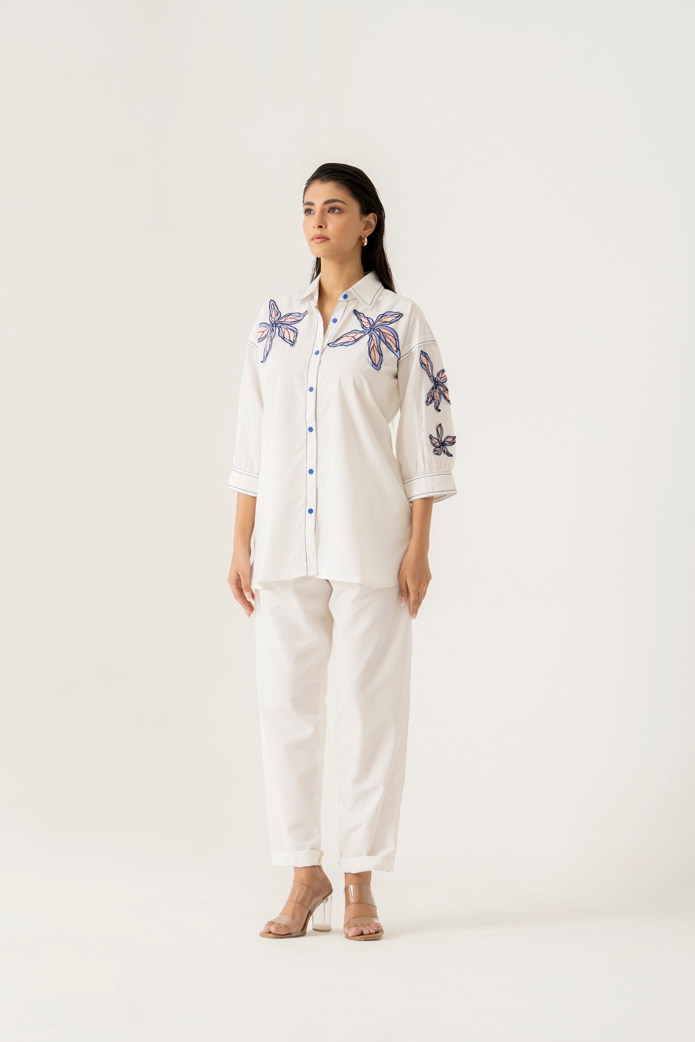 White Co-ord Set with Blue Floral Embroidery