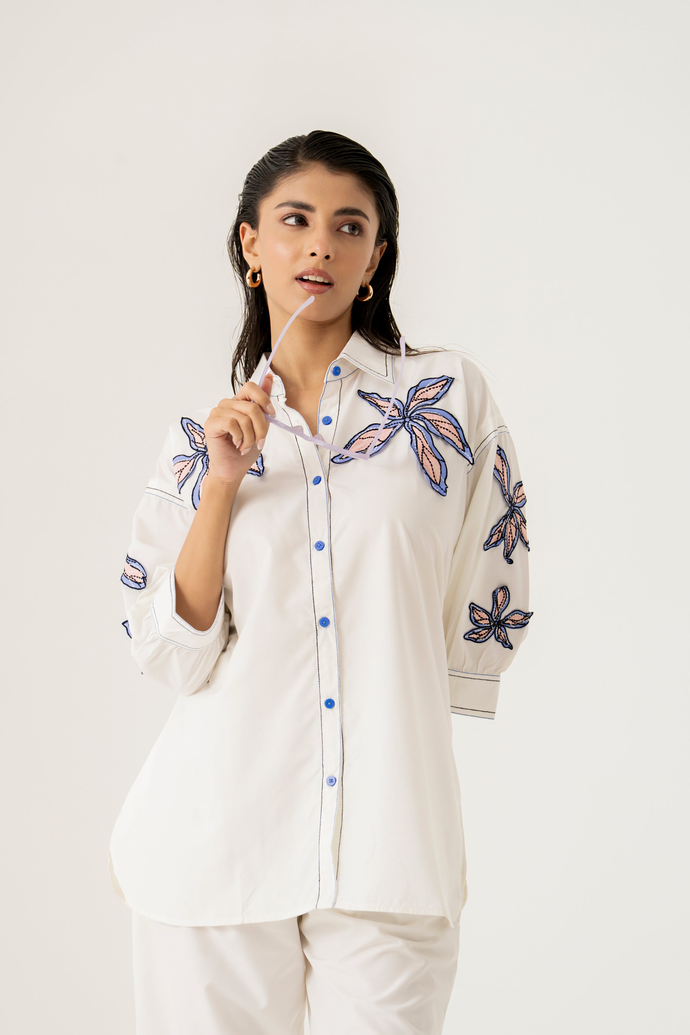 White Co-ord Set with Blue Floral Embroidery