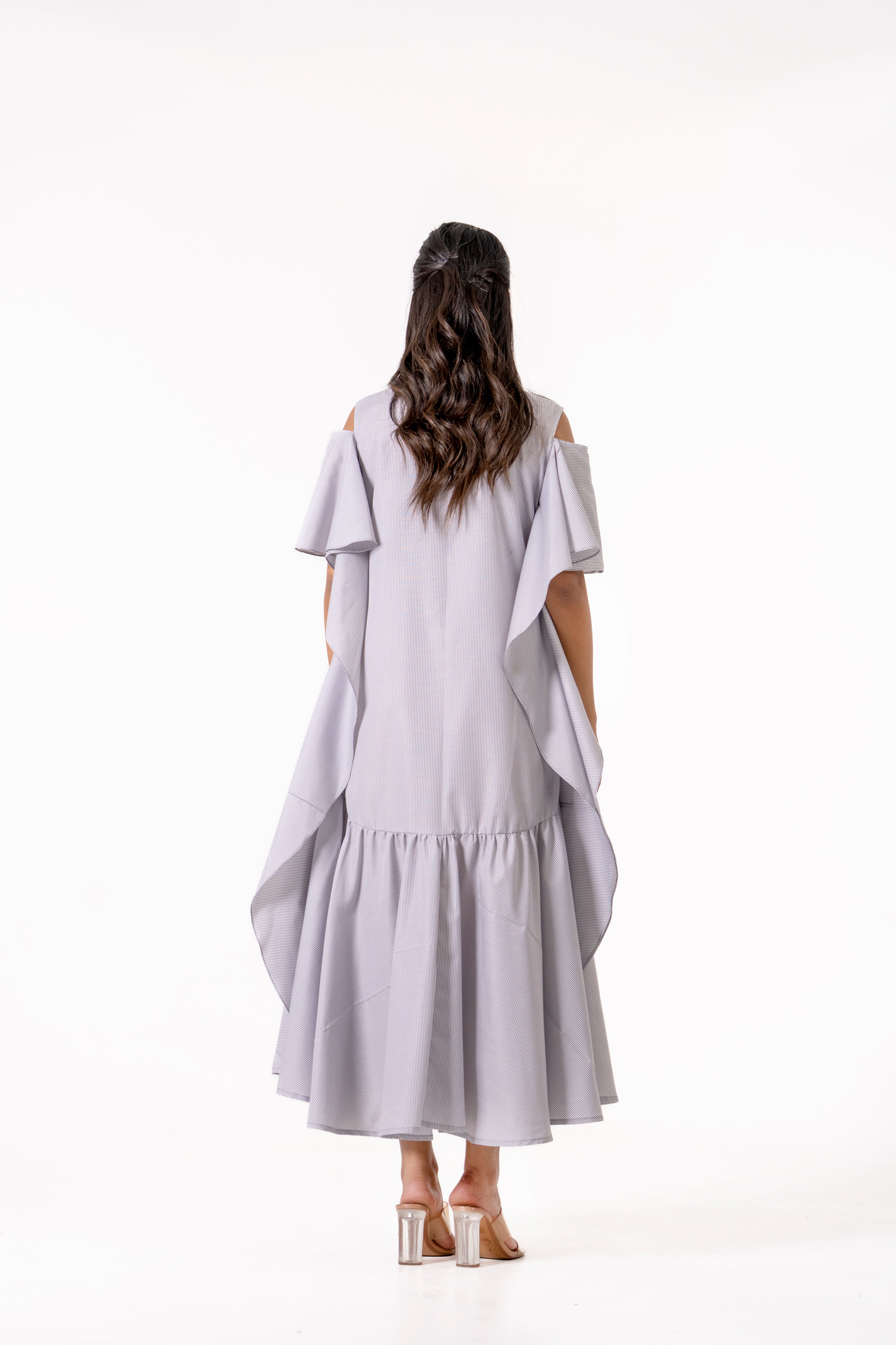 GREY CUT - OUT SHOULDER RUFFLE MIDI DRESS.