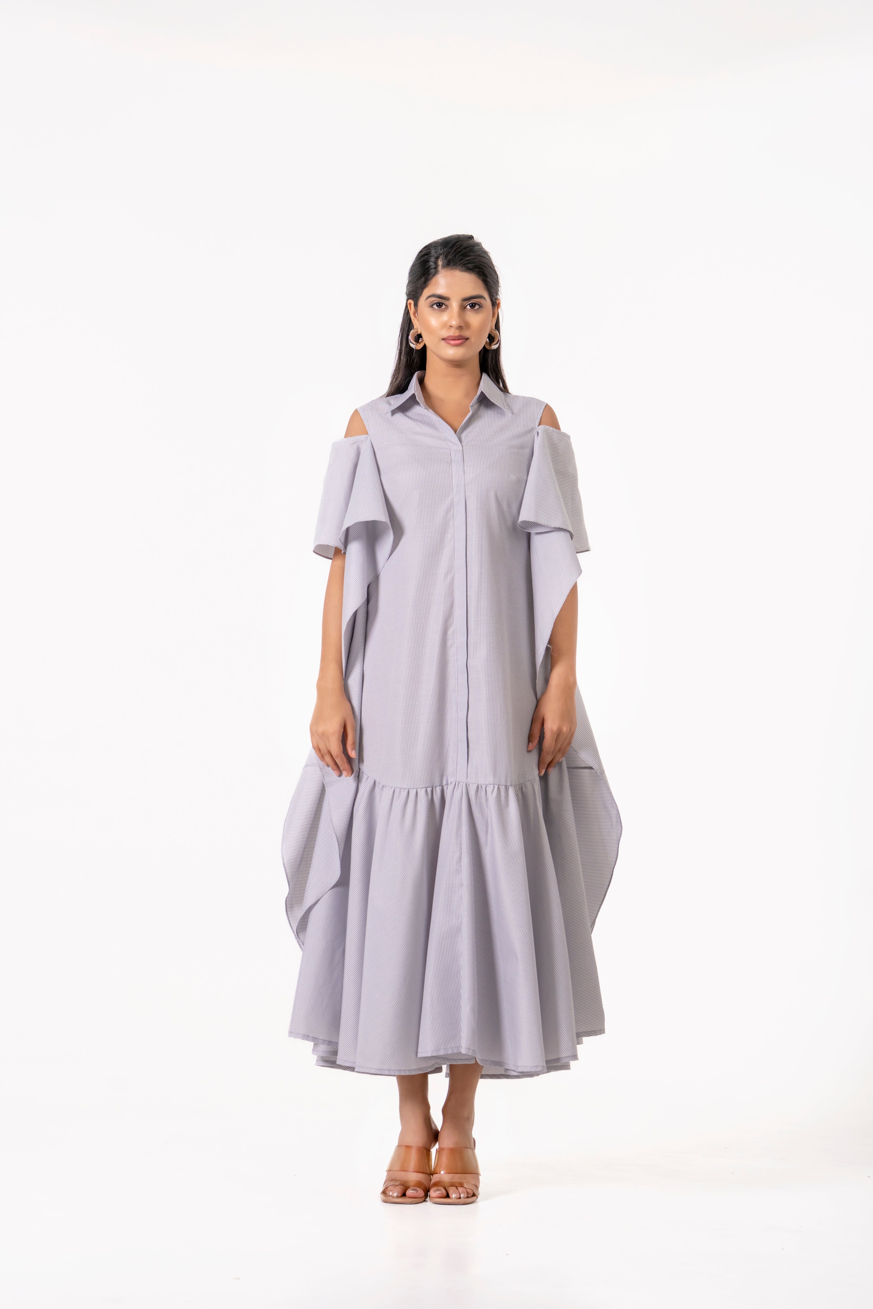 GREY CUT - OUT SHOULDER RUFFLE MIDI DRESS.