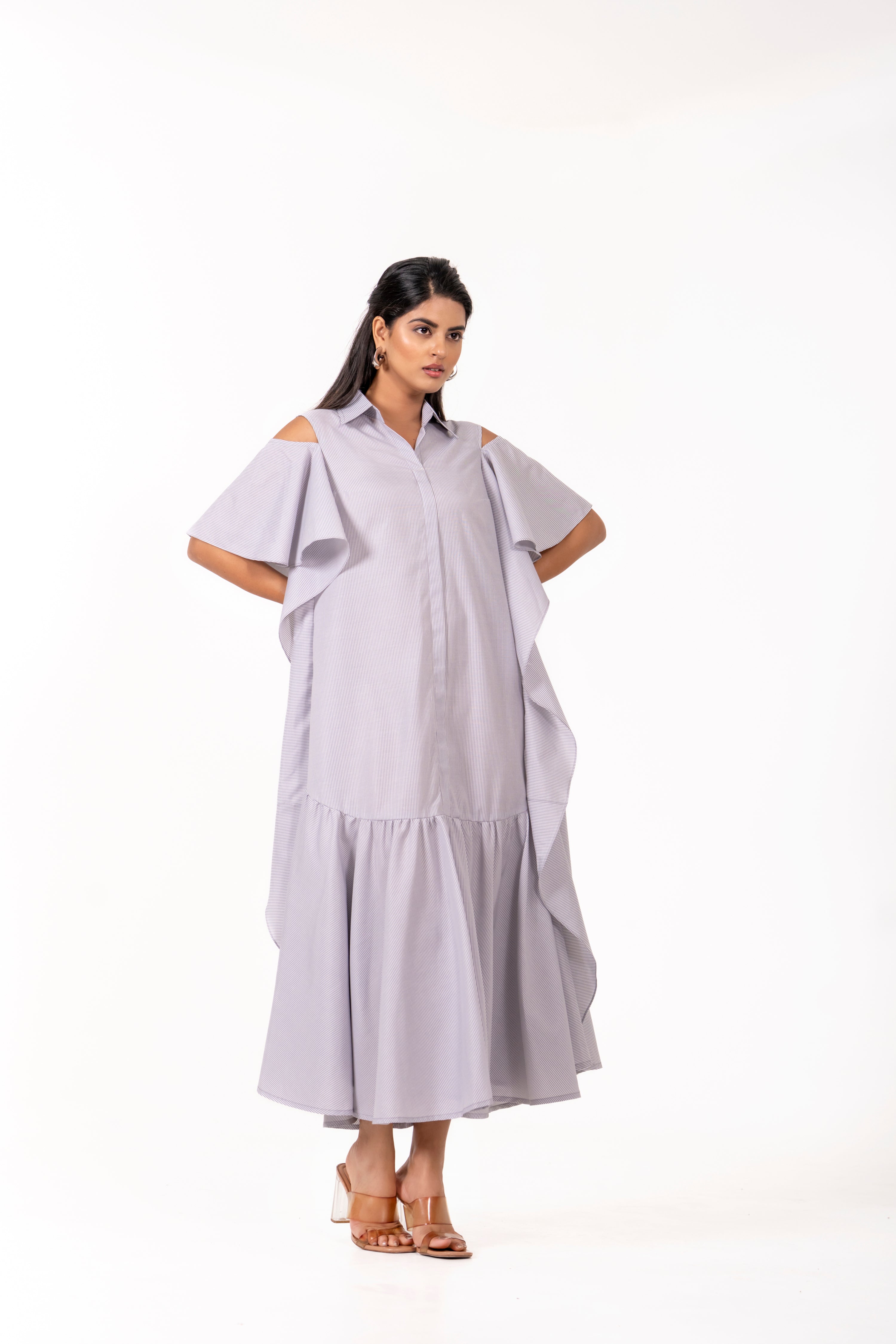 GREY CUT - OUT SHOULDER RUFFLE MIDI DRESS.