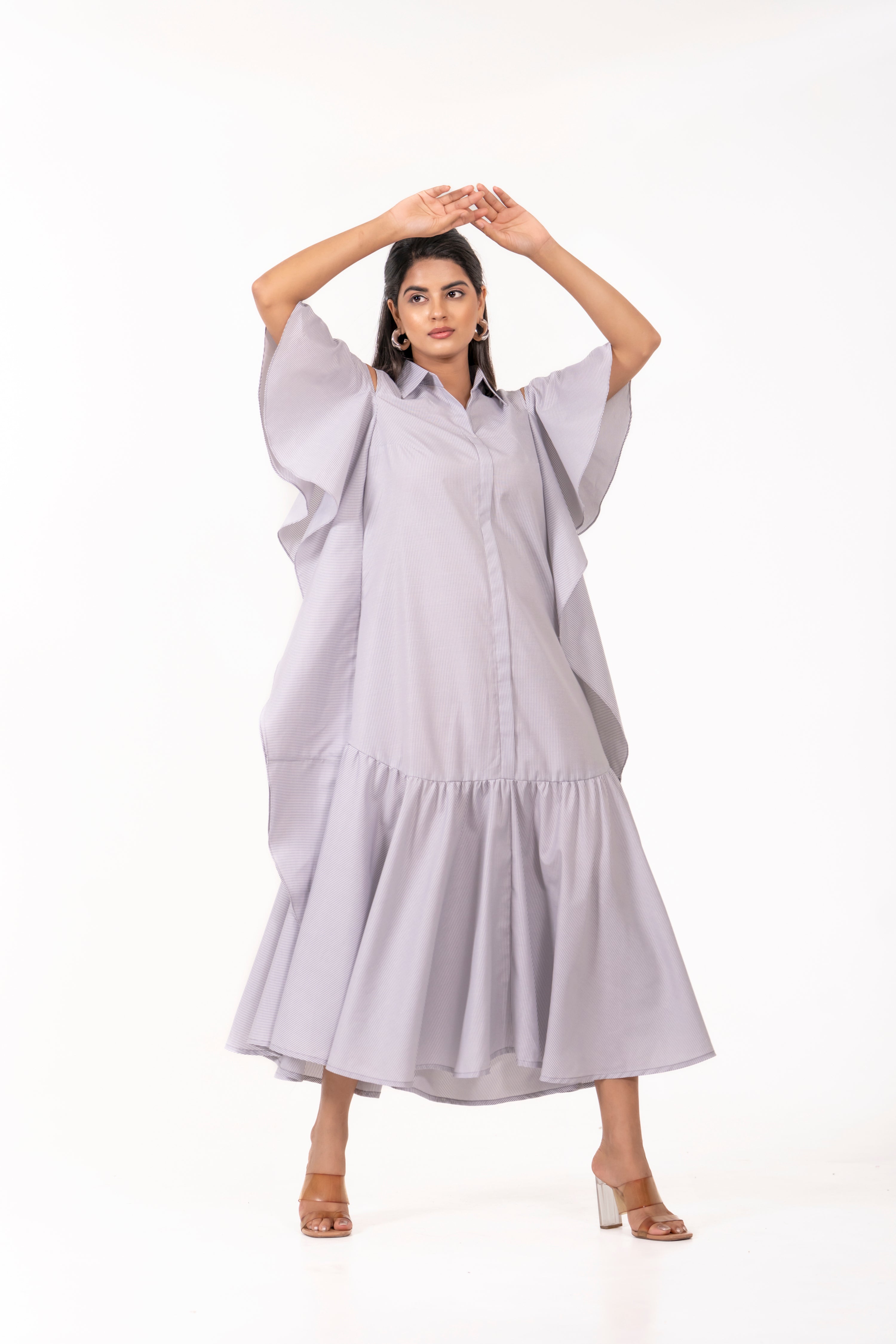 GREY CUT - OUT SHOULDER RUFFLE MIDI DRESS.