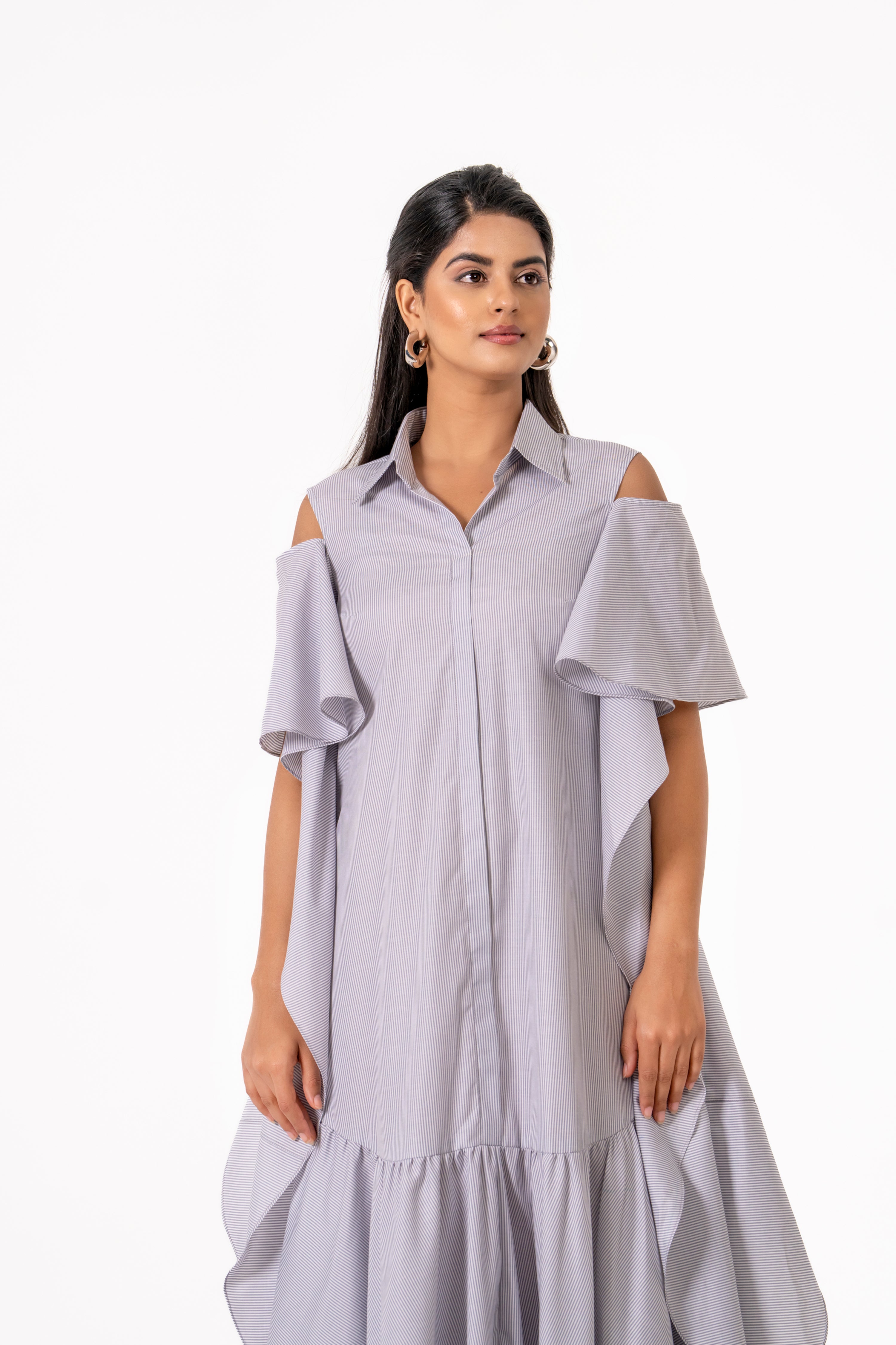 GREY CUT - OUT SHOULDER RUFFLE MIDI DRESS.