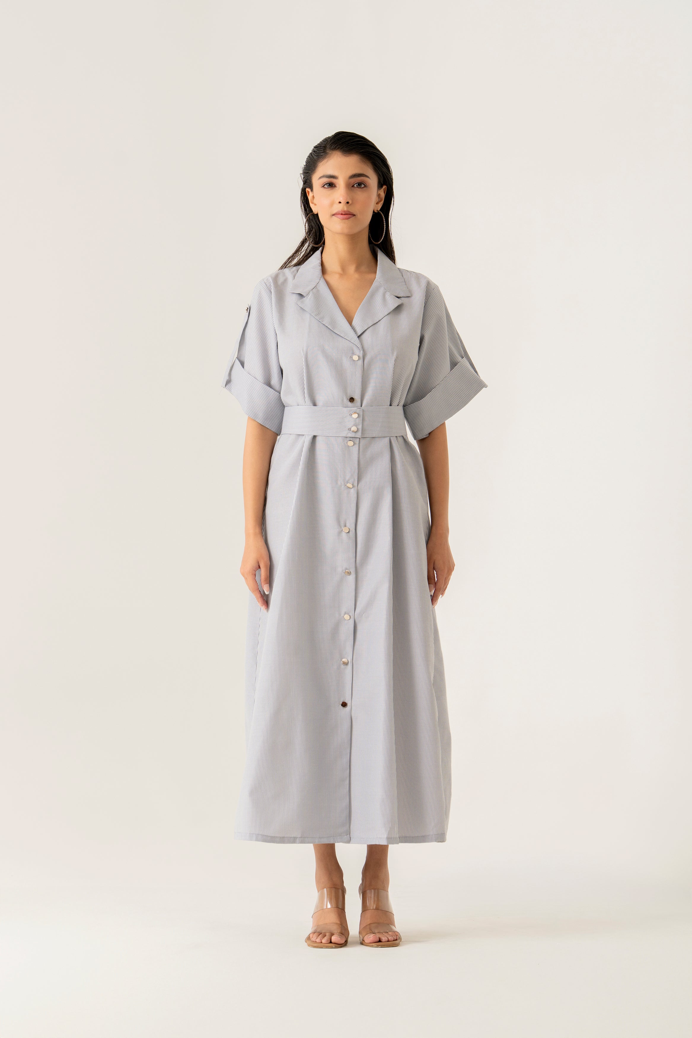 STRIPED MIDI DRESS WITH BELT