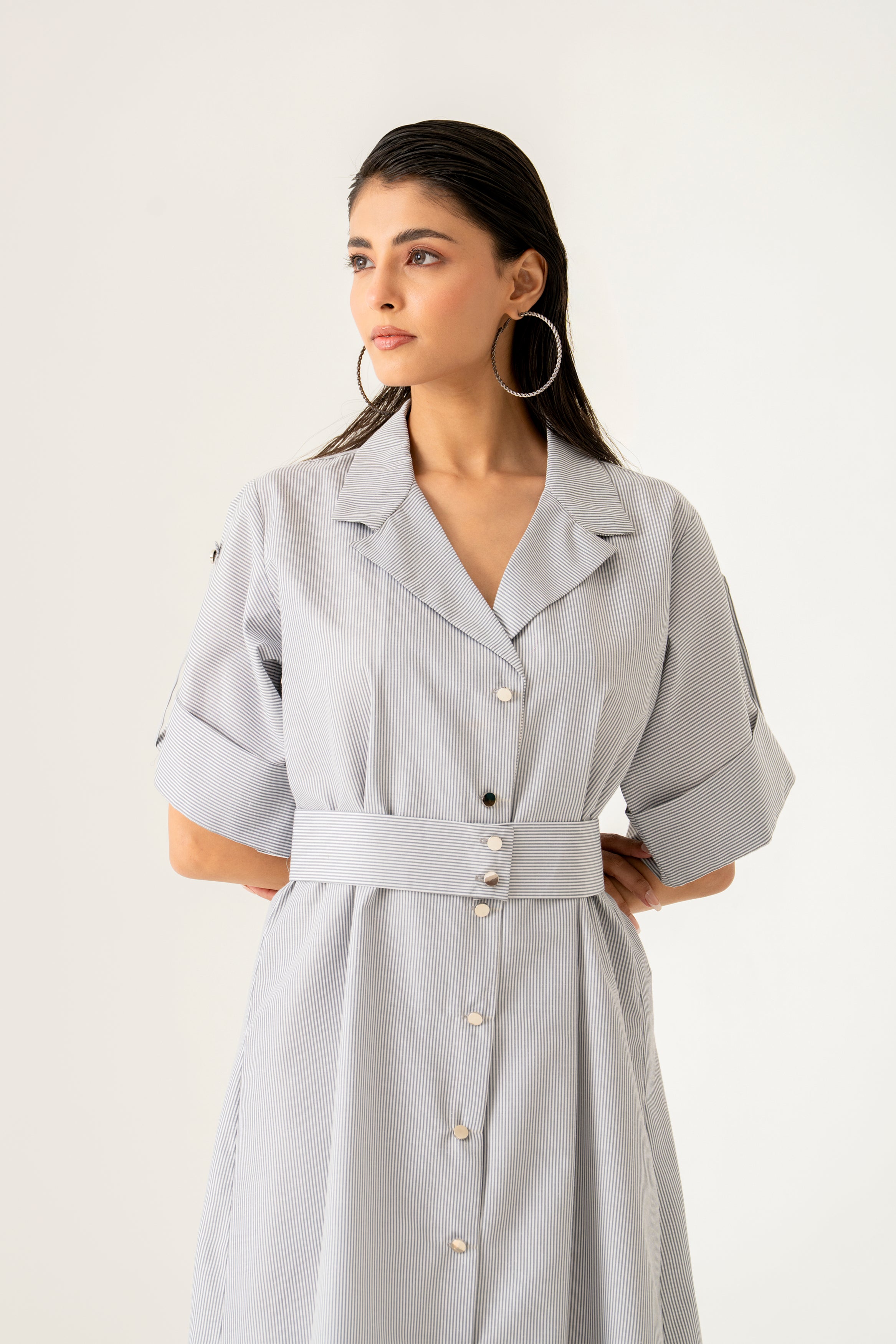 STRIPED MIDI DRESS WITH BELT