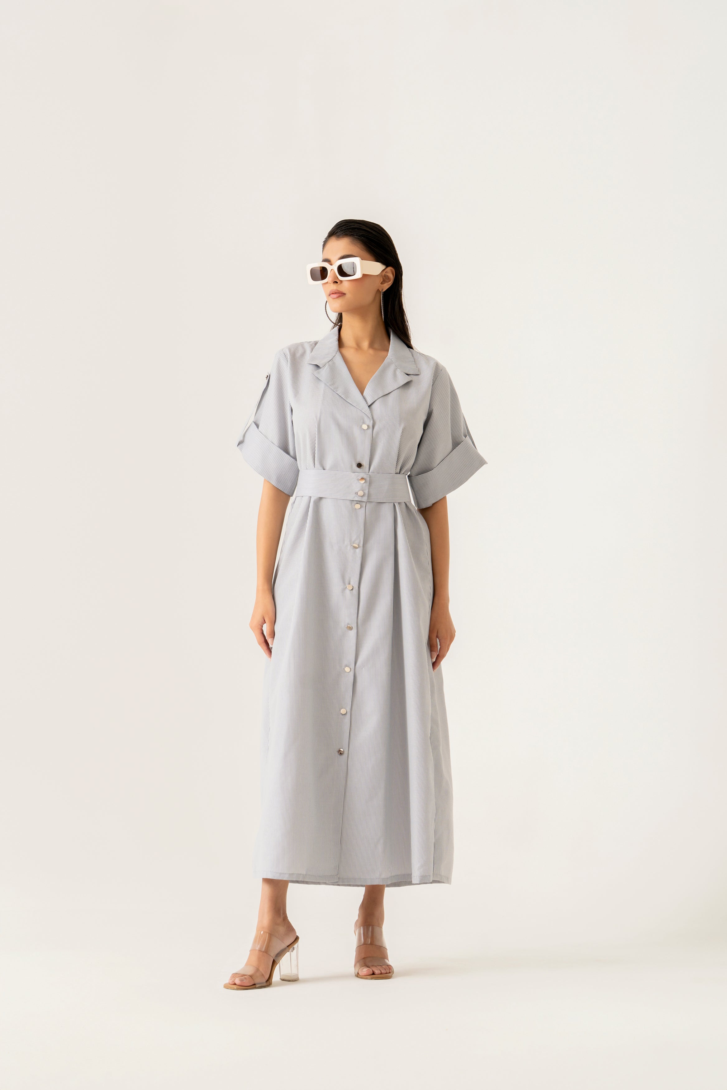 STRIPED MIDI DRESS WITH BELT