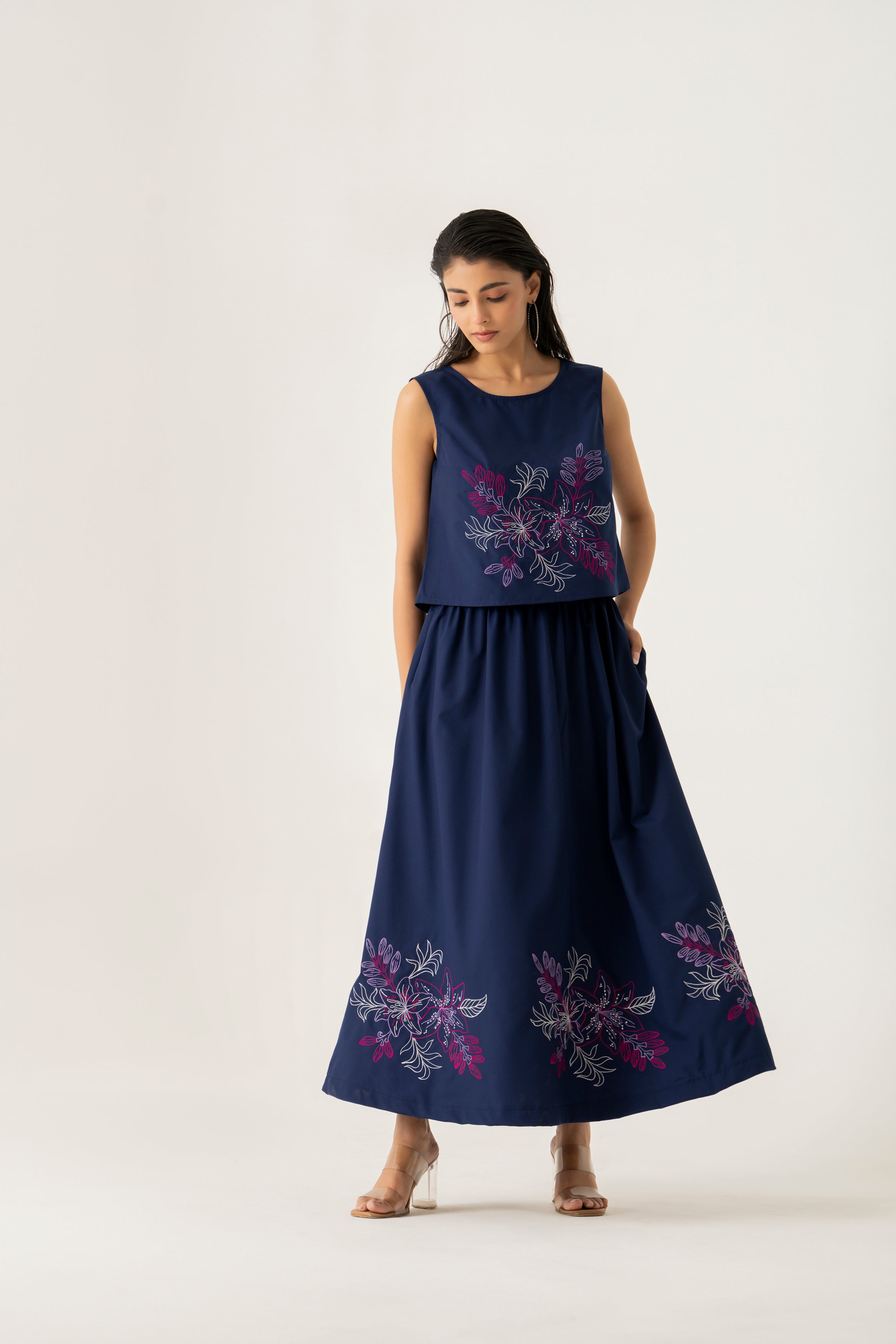 Navy Floral Co-ord set with embroidered detailing