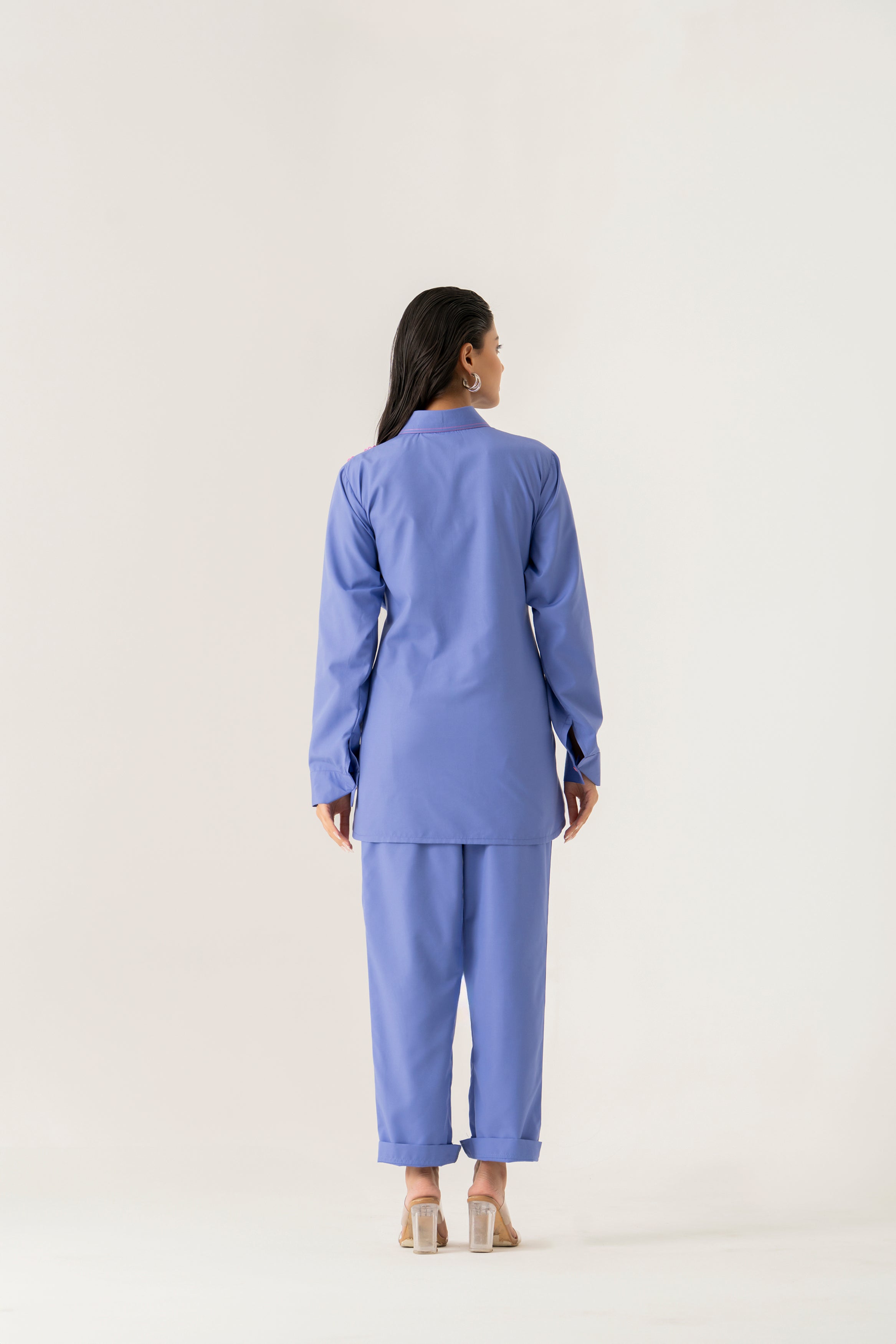 Blue Co-ord Set with Pink Floral Appliqué