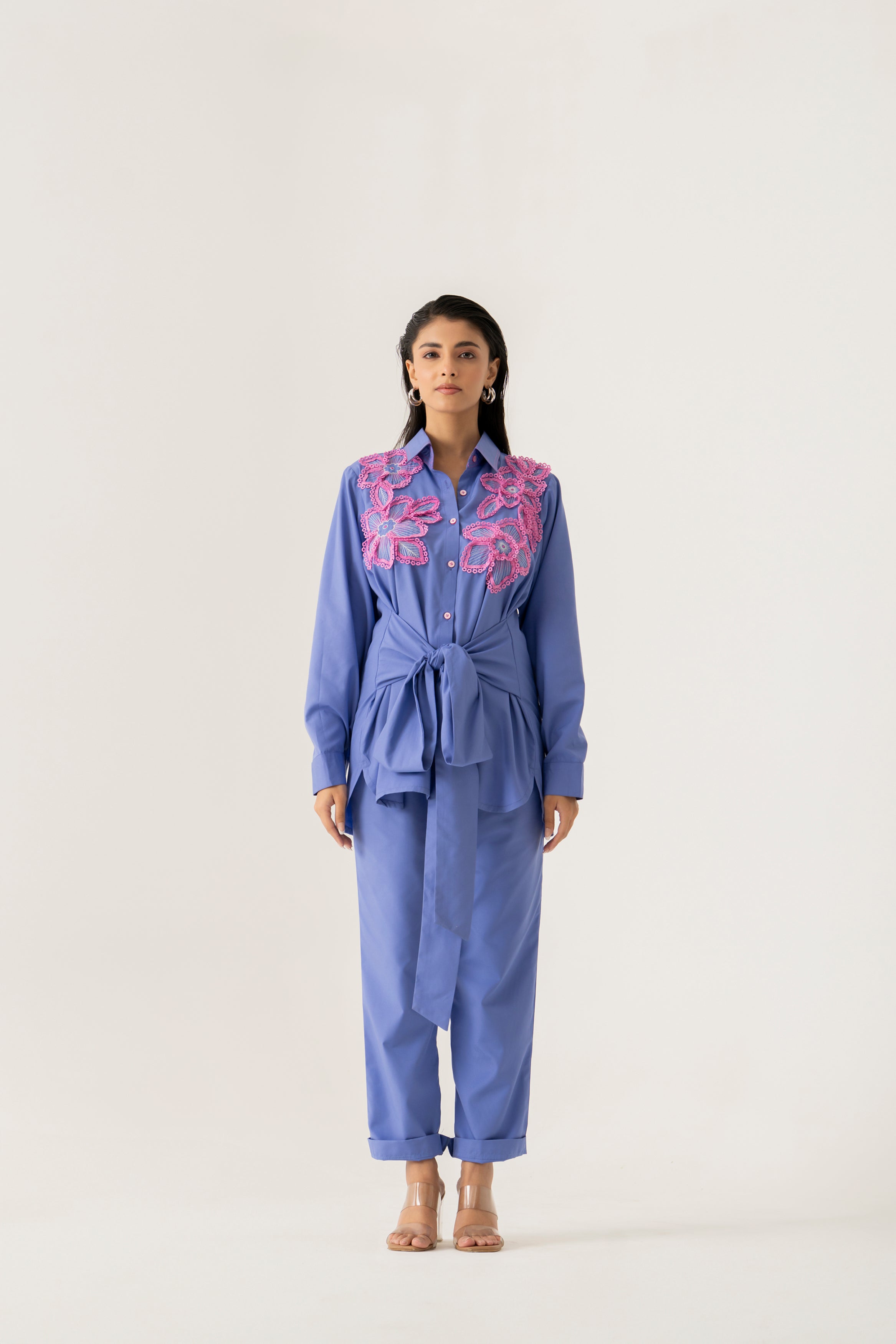 Blue Co-ord Set with Pink Floral Appliqué