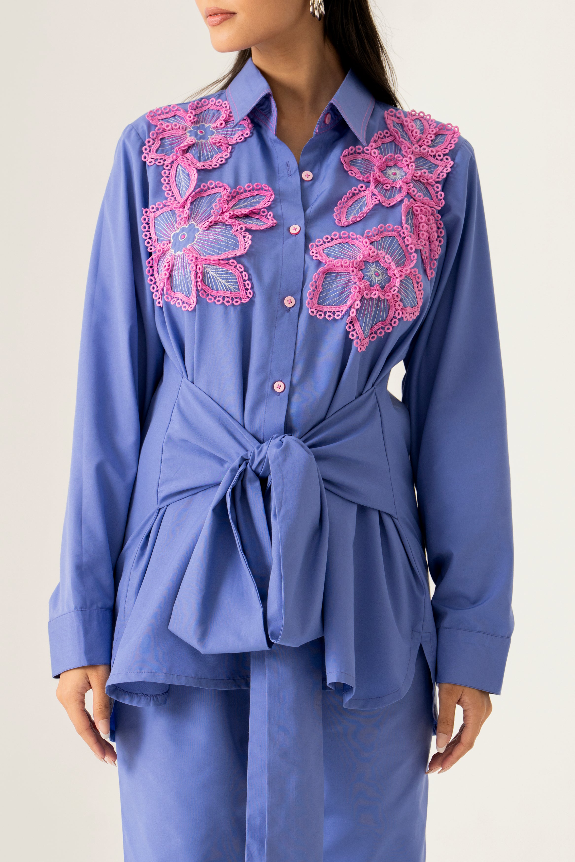 Blue Co-ord Set with Pink Floral Appliqué