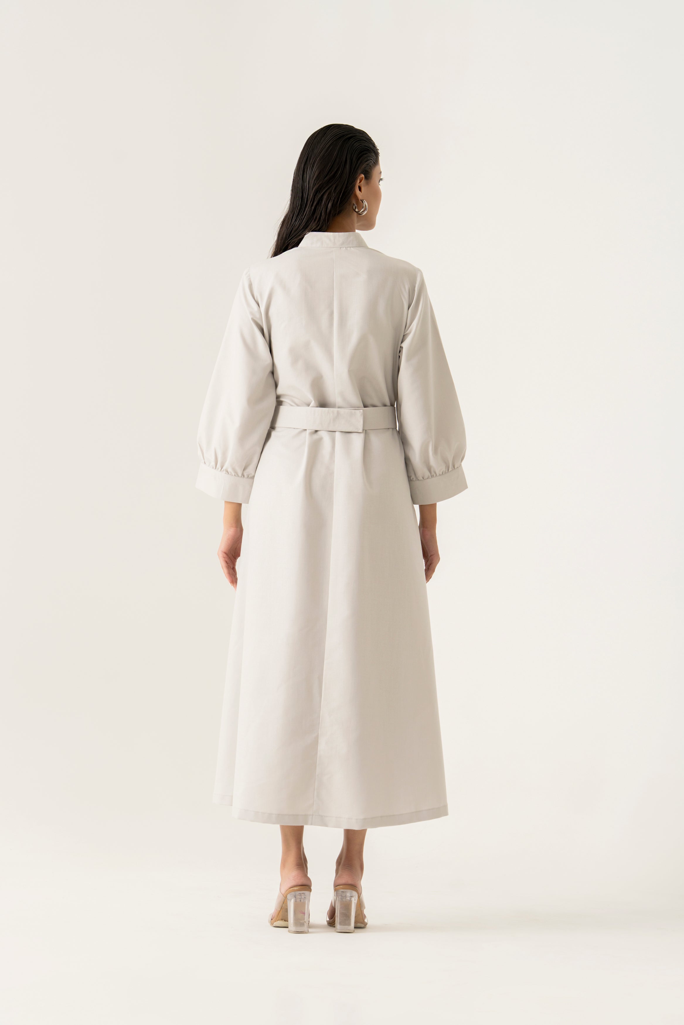 LIGHT GREY EMBROIDERY MIDI DRESS WITH BELT