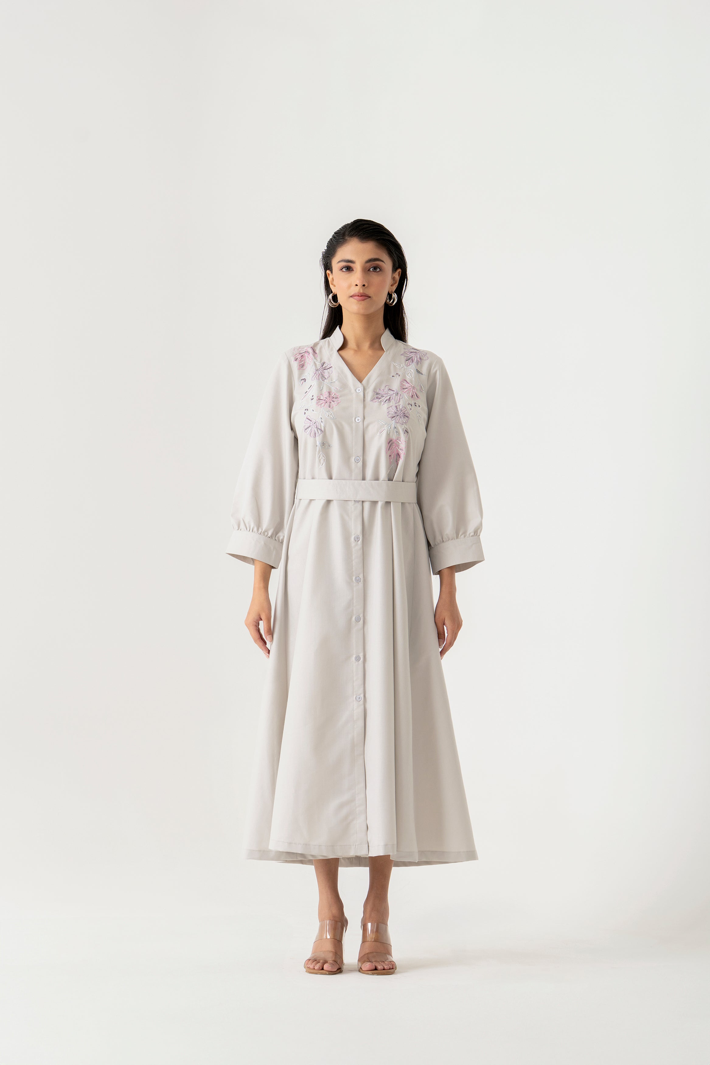 LIGHT GREY EMBROIDERY MIDI DRESS WITH BELT