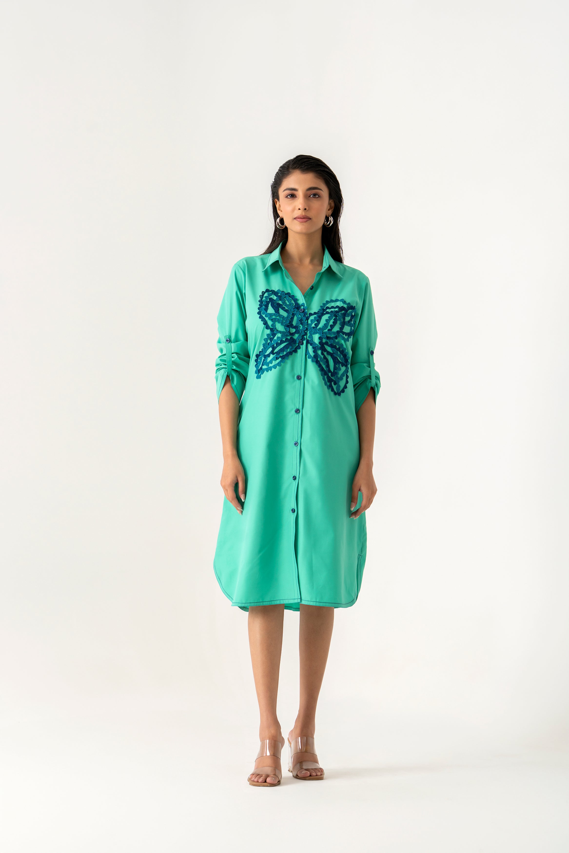 Tropical teal shirt dress with statement butterfly embroidery