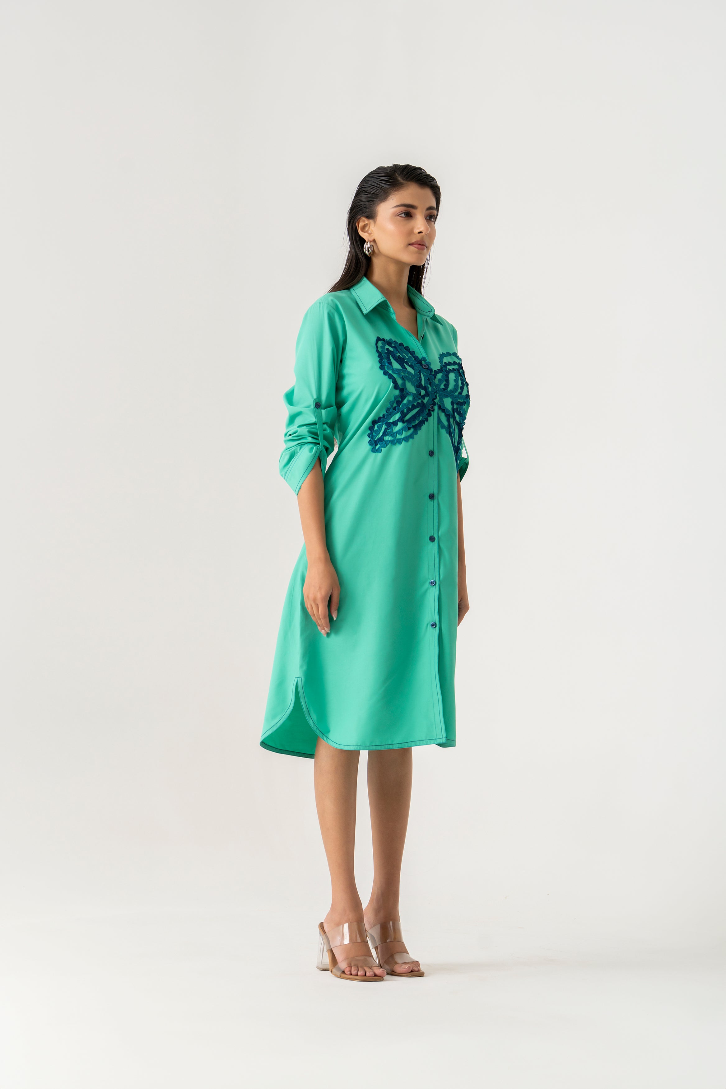 Tropical teal shirt dress with statement butterfly embroidery