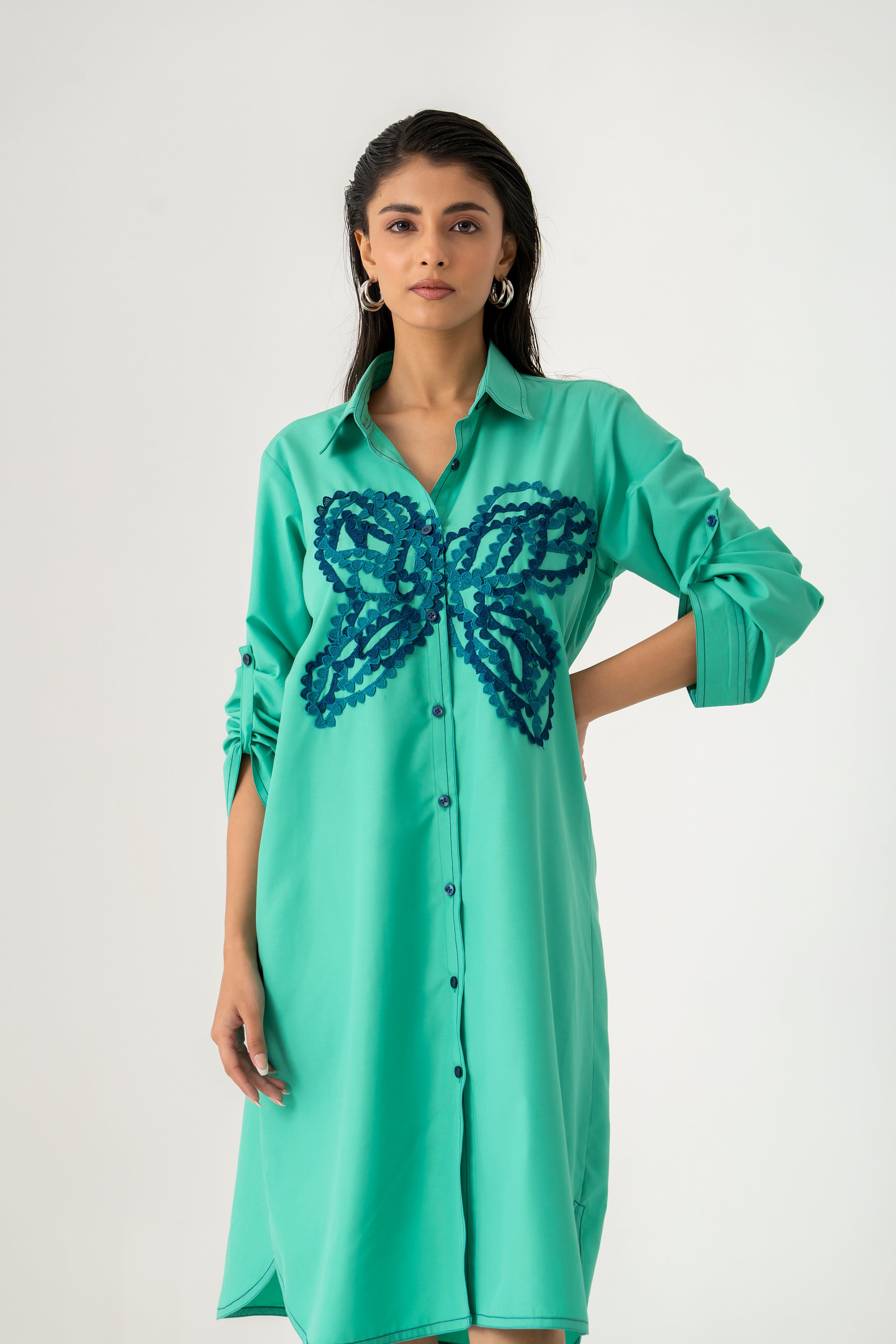 Tropical teal shirt dress with statement butterfly embroidery