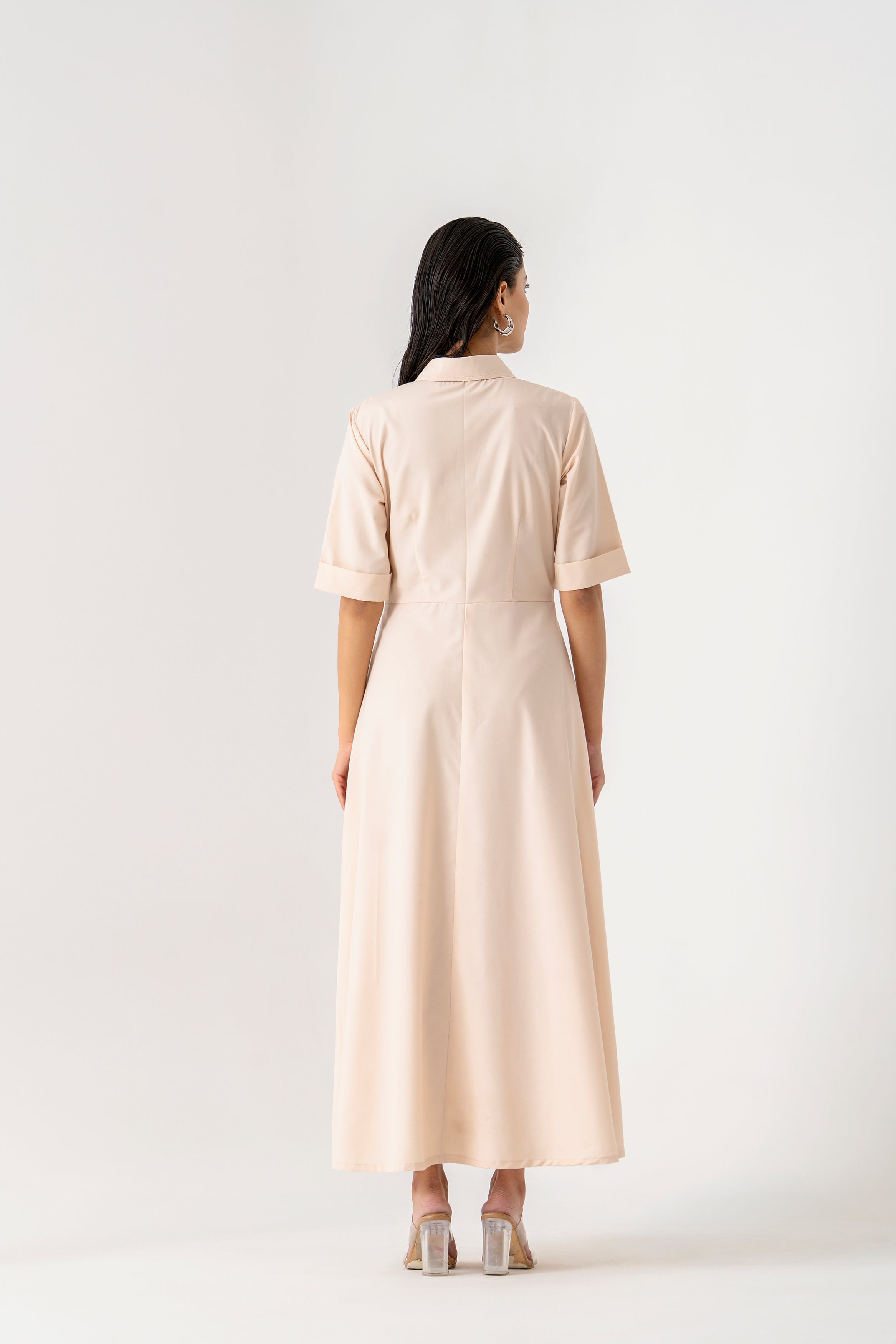 Light Beige Shirt Dress with Delicate Floral Embroidery