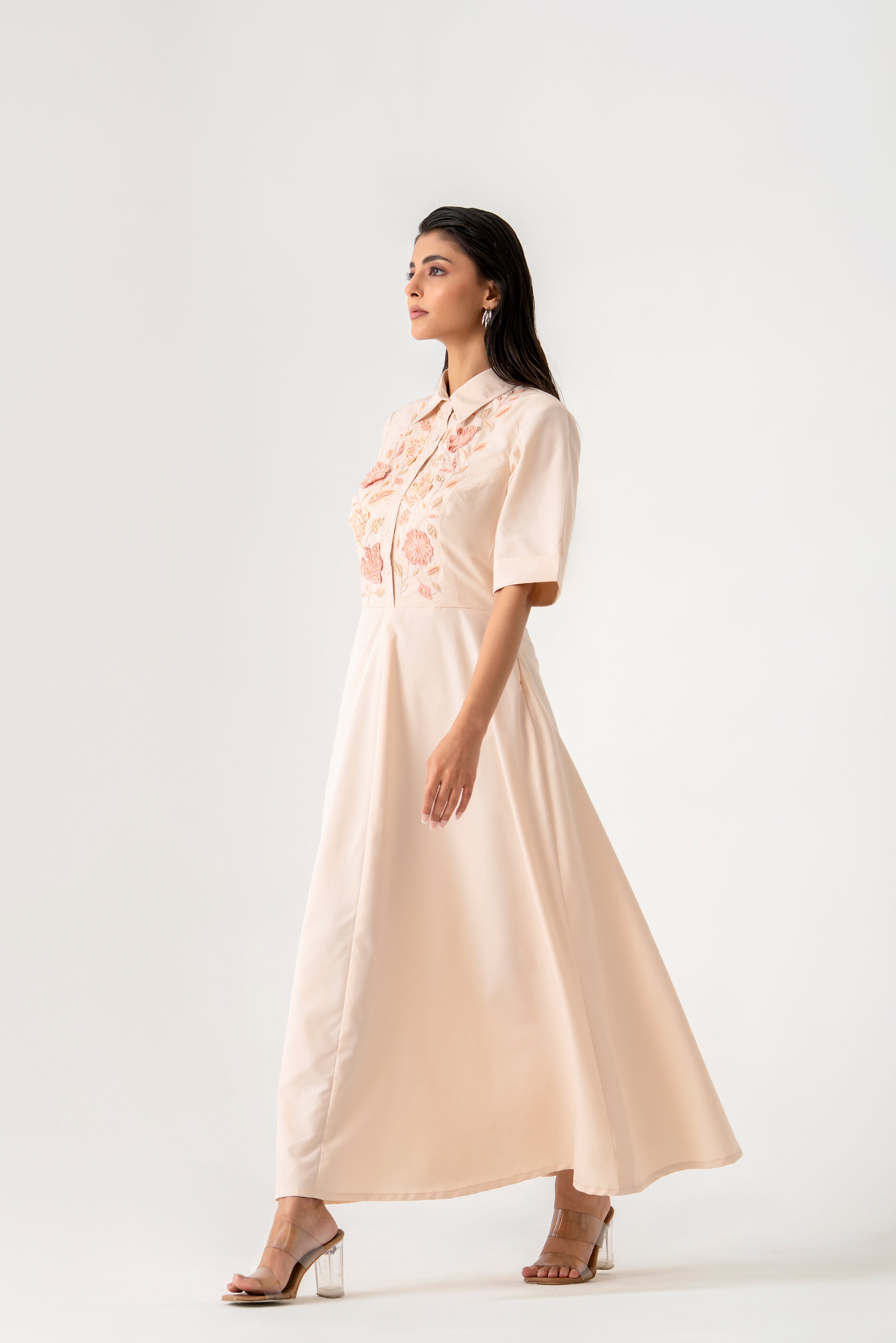 Light Beige Shirt Dress with Delicate Floral Embroidery