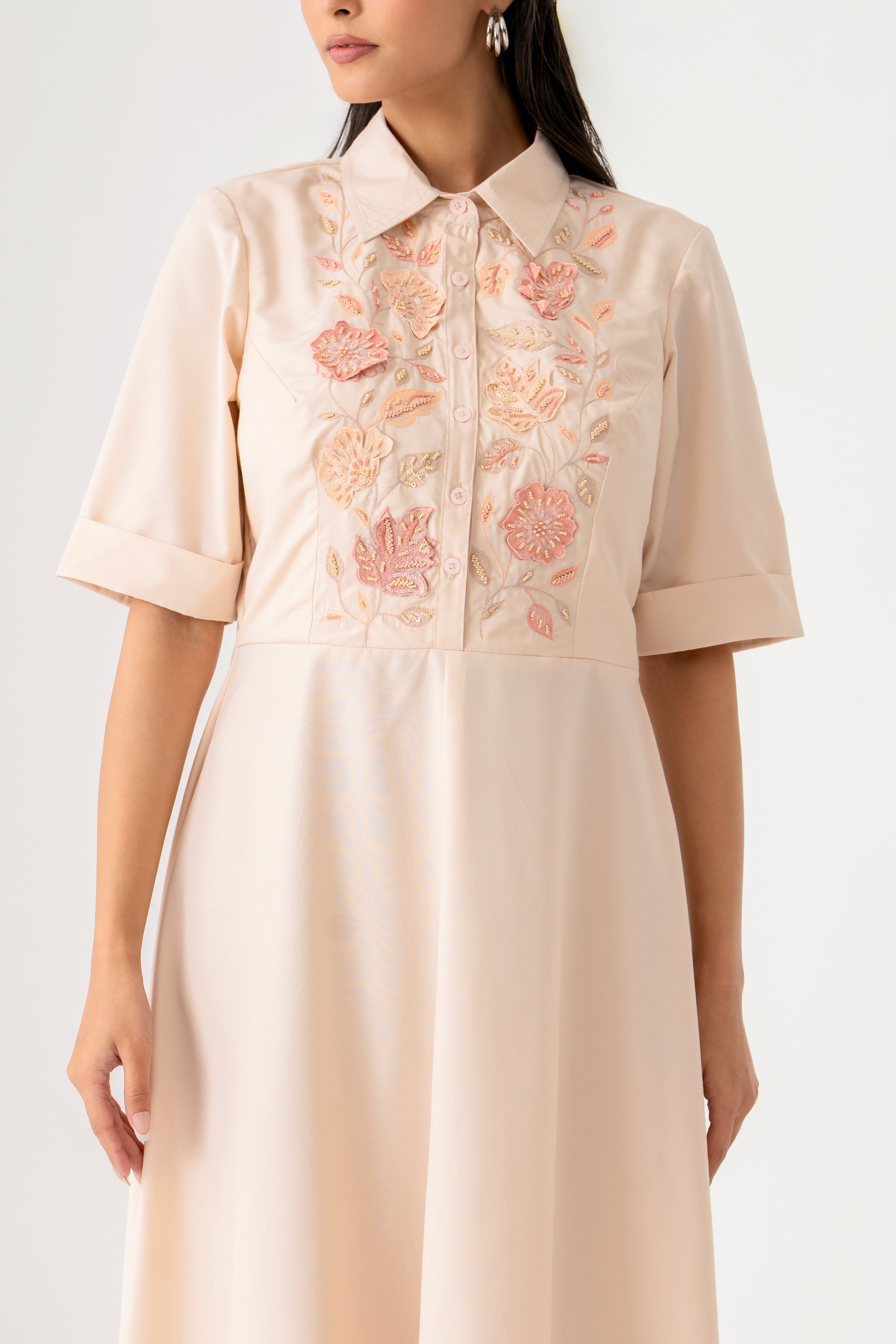 Light Beige Shirt Dress with Delicate Floral Embroidery