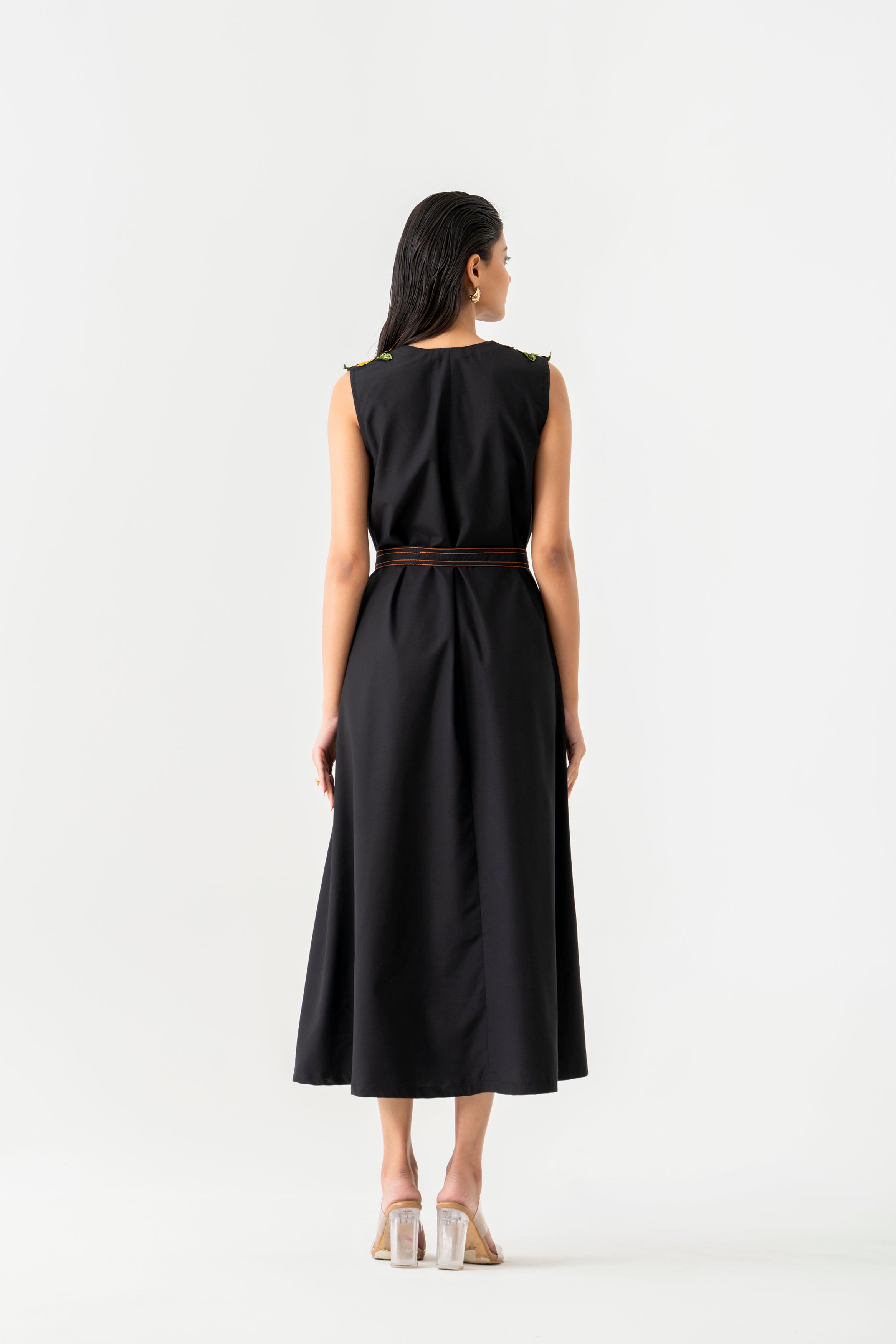 Black Sleeveless Midi  Dress with 3D Floral  Shoulder Embroidery