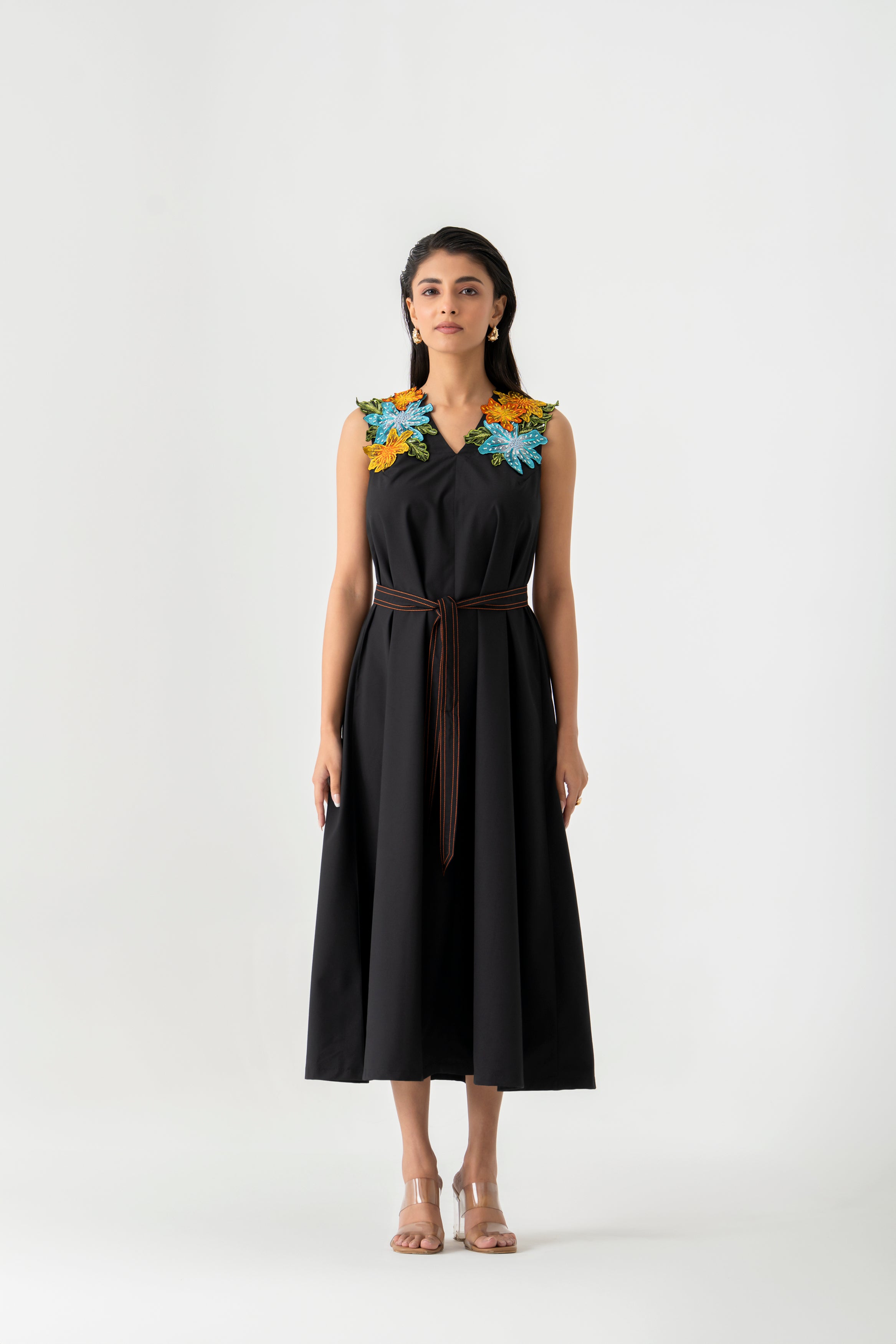 Black Sleeveless Midi  Dress with 3D Floral  Shoulder Embroidery