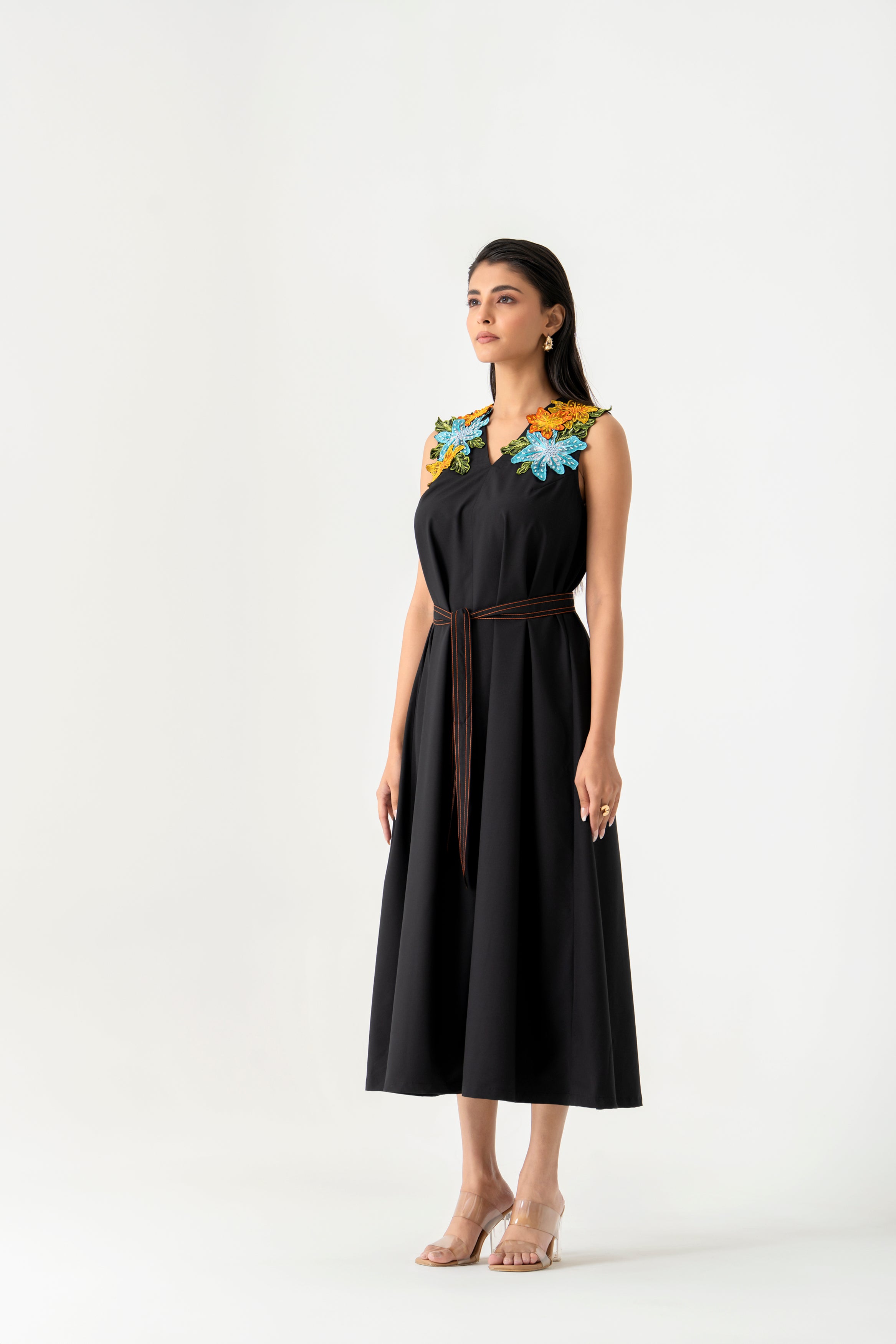 Black Sleeveless Midi  Dress with 3D Floral  Shoulder Embroidery