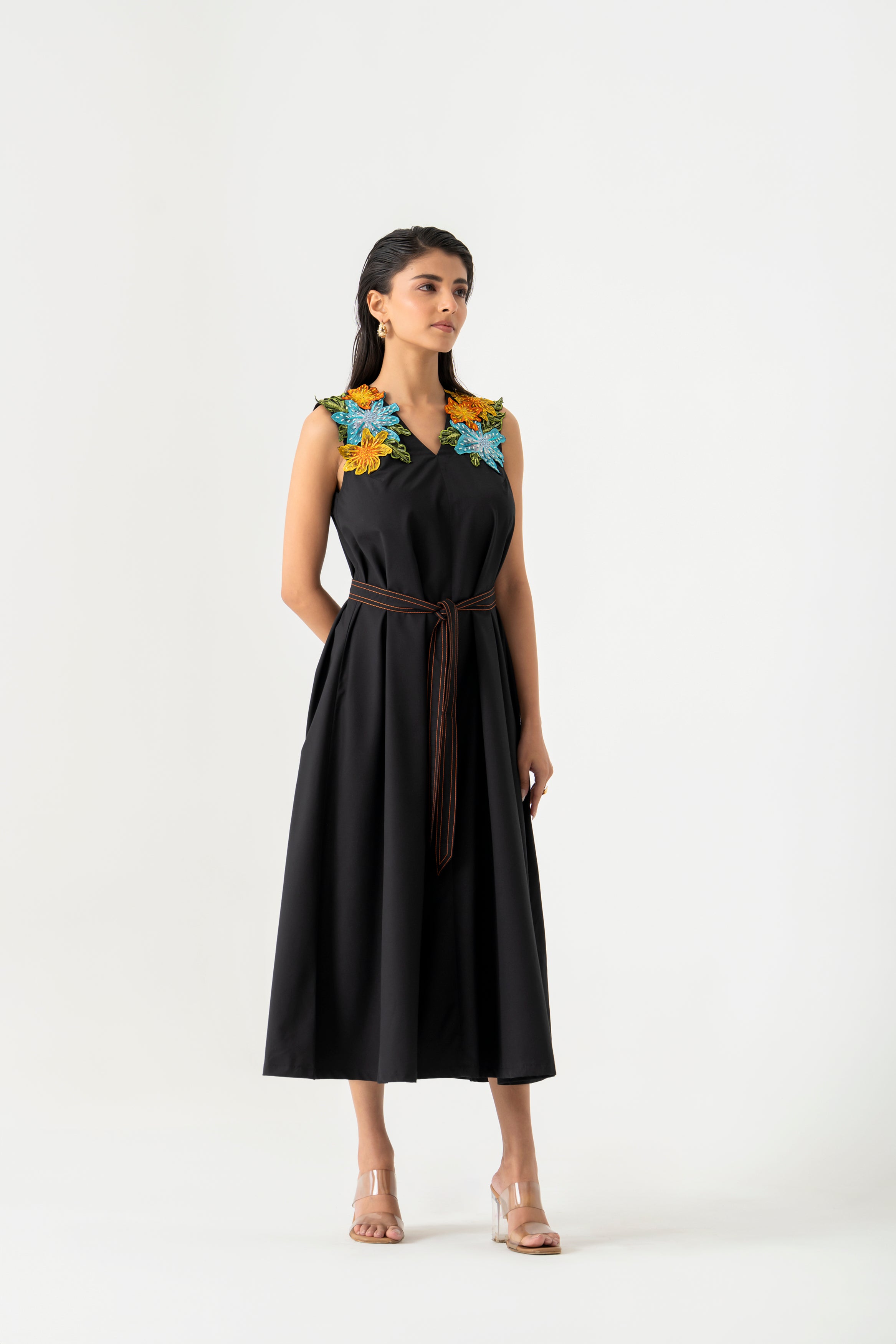 Black Sleeveless Midi  Dress with 3D Floral  Shoulder Embroidery