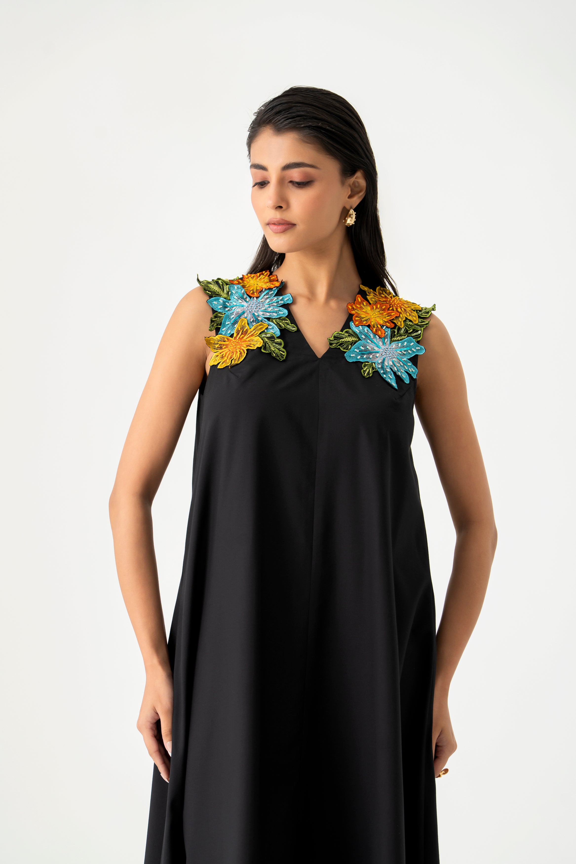 Black Sleeveless Midi  Dress with 3D Floral  Shoulder Embroidery