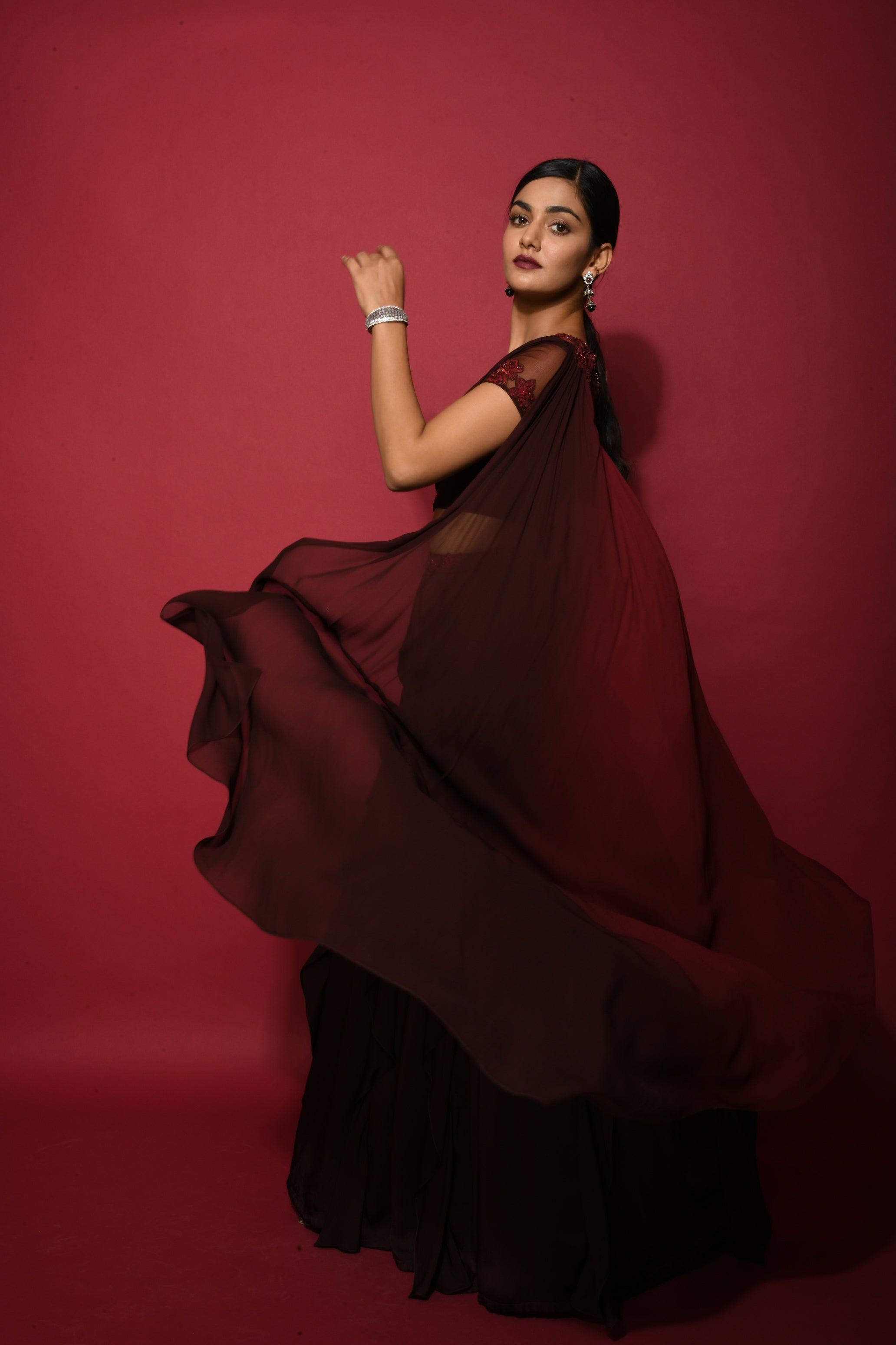 COLA MAROON OMBRE DRAPED LEHENGA