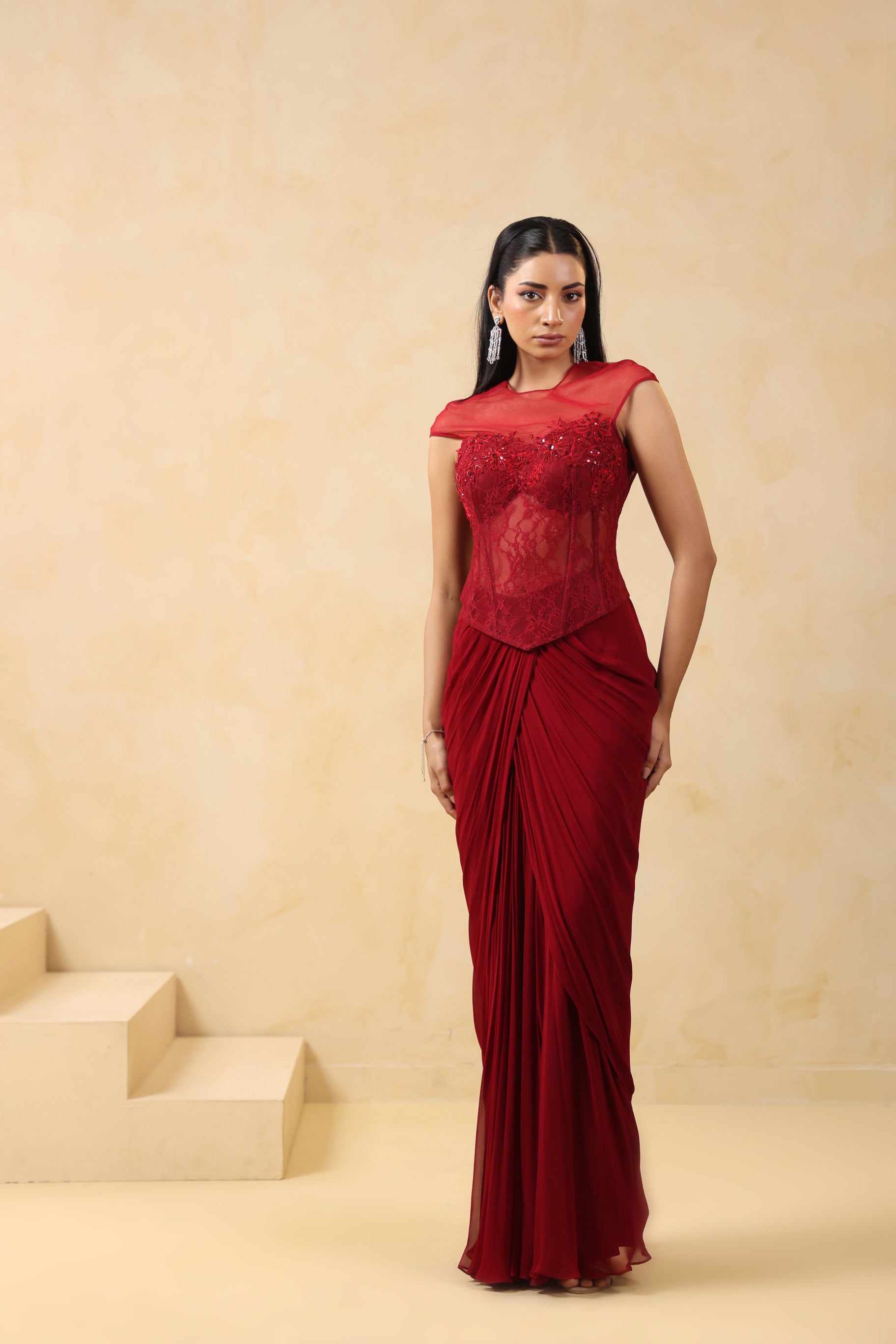 MAROON DRAPED SKIRT CO-ORD WITH STYLISH EMBELLISHED TOP.