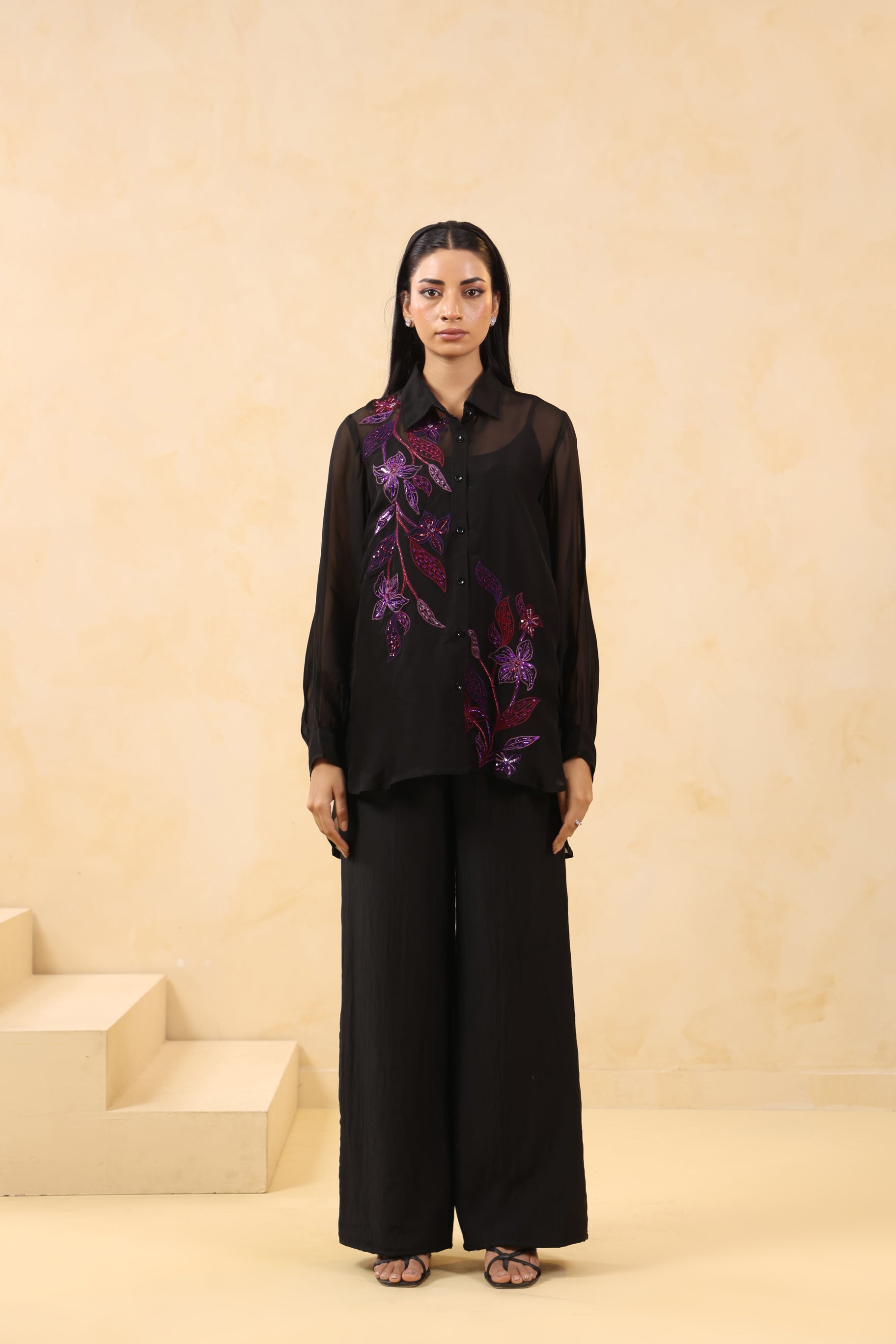 EMBROIDERED BLACK DELICATE SHIRT WITH MATCHING PANT.
