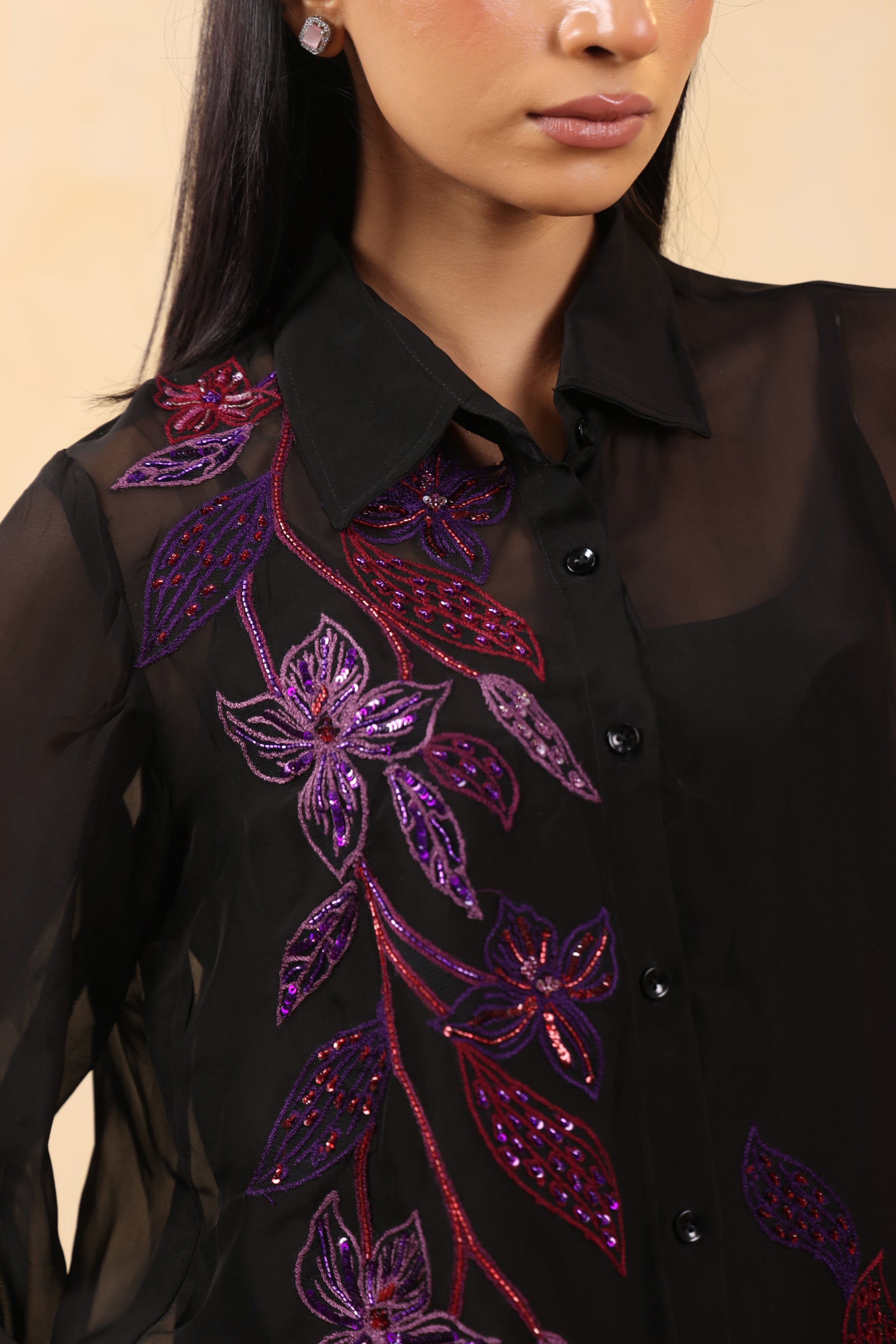 EMBROIDERED BLACK DELICATE SHIRT WITH MATCHING PANT.