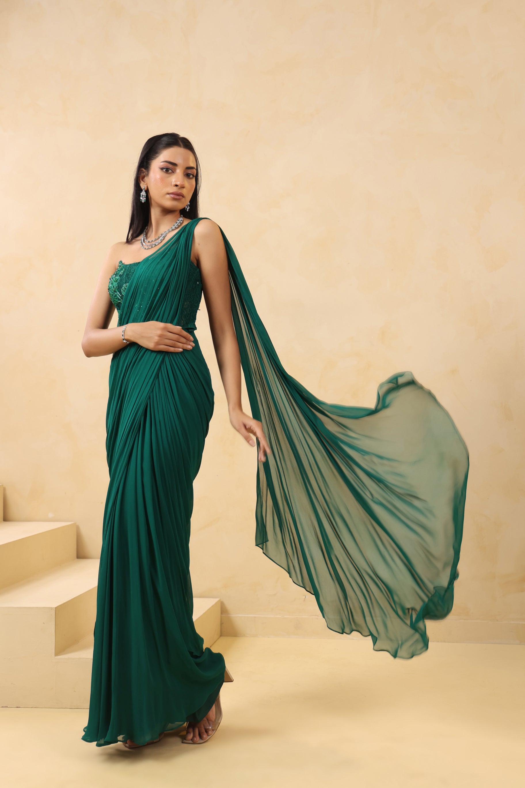 EMERALD GREEN EMBROIDERED CORSET SAREE