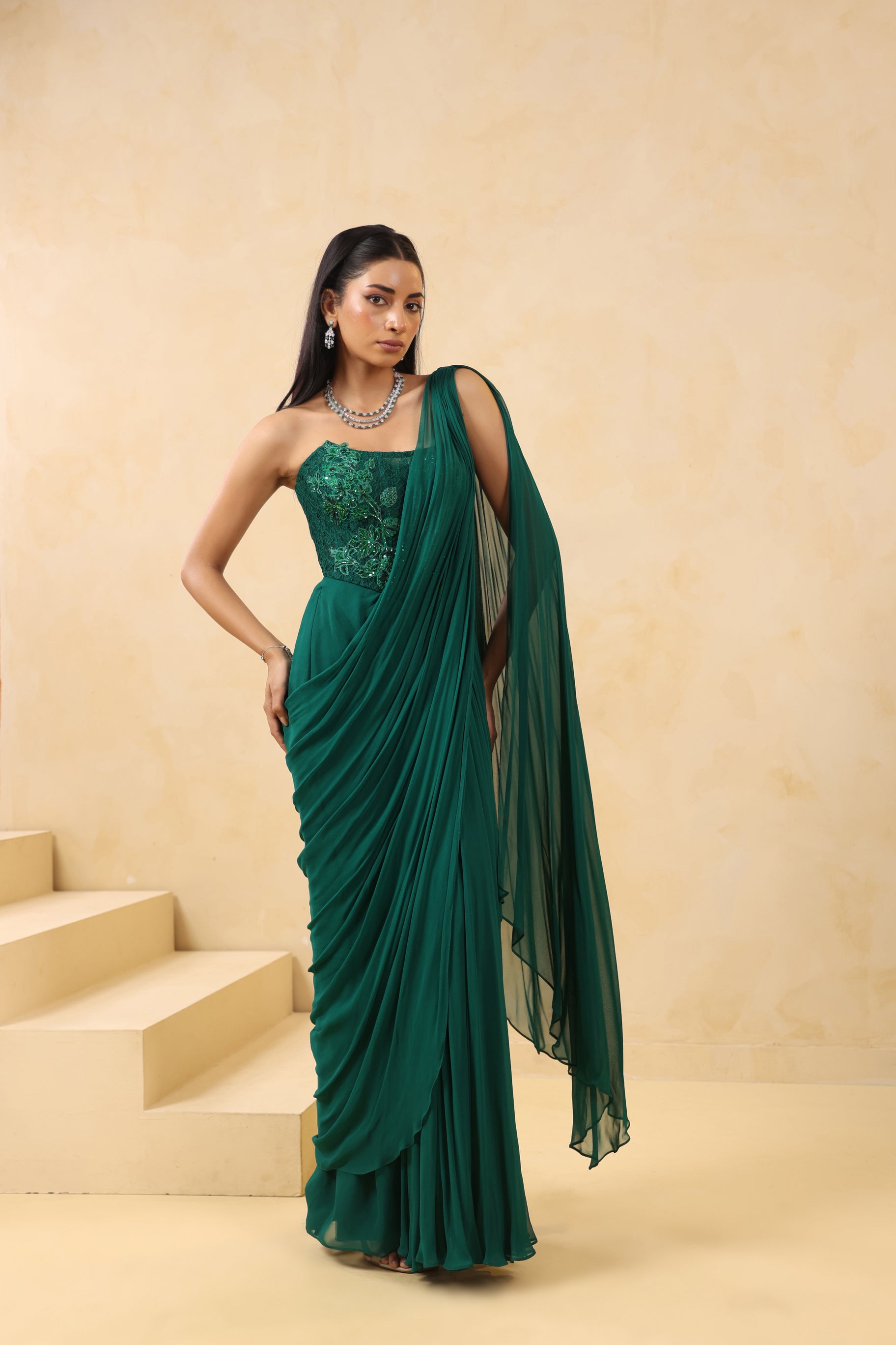 EMERALD GREEN EMBROIDERED CORSET SAREE