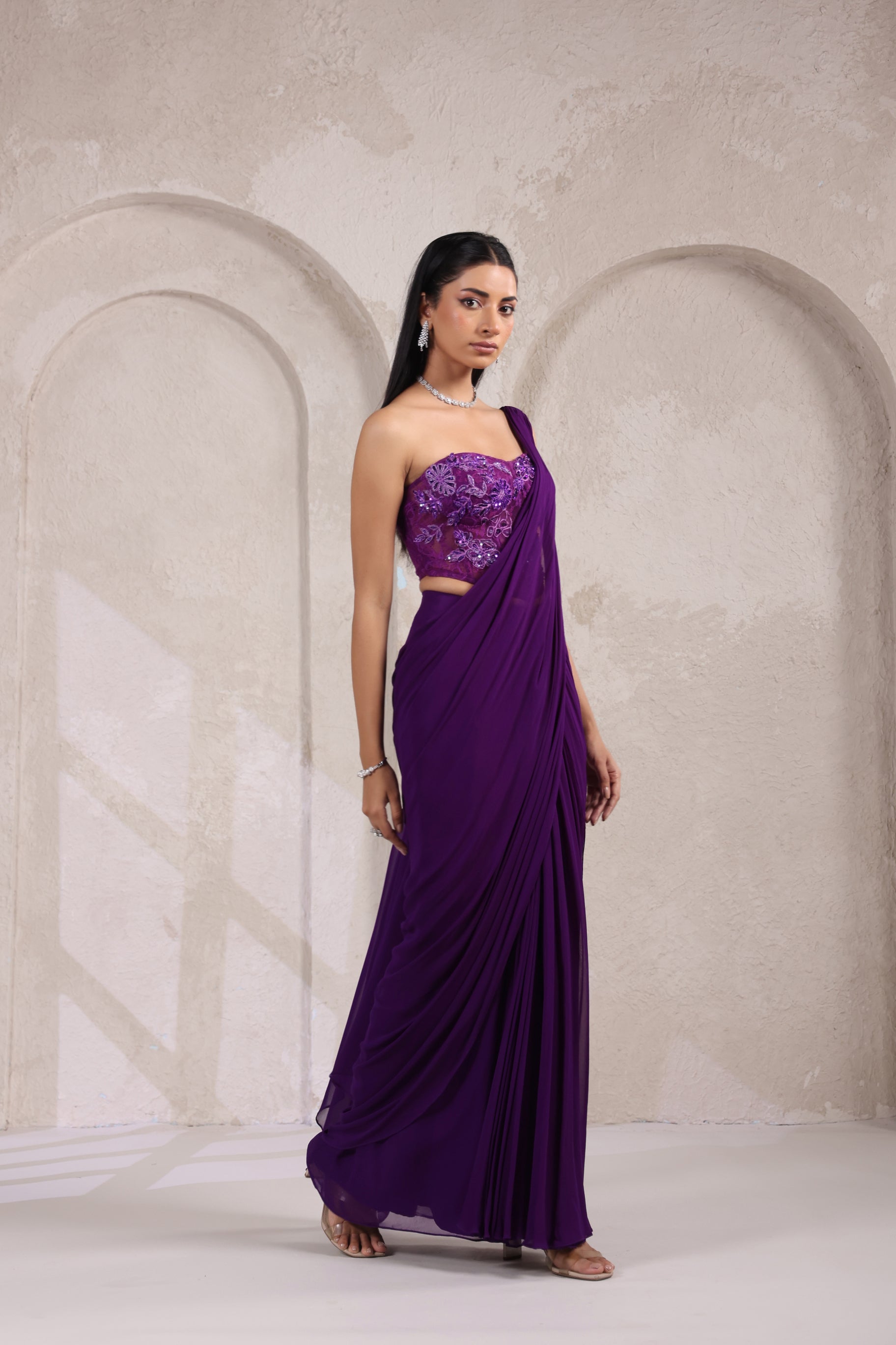 PURPLE CORSET EMBROIDERED BLOUSE WITH DRAPE SAREE