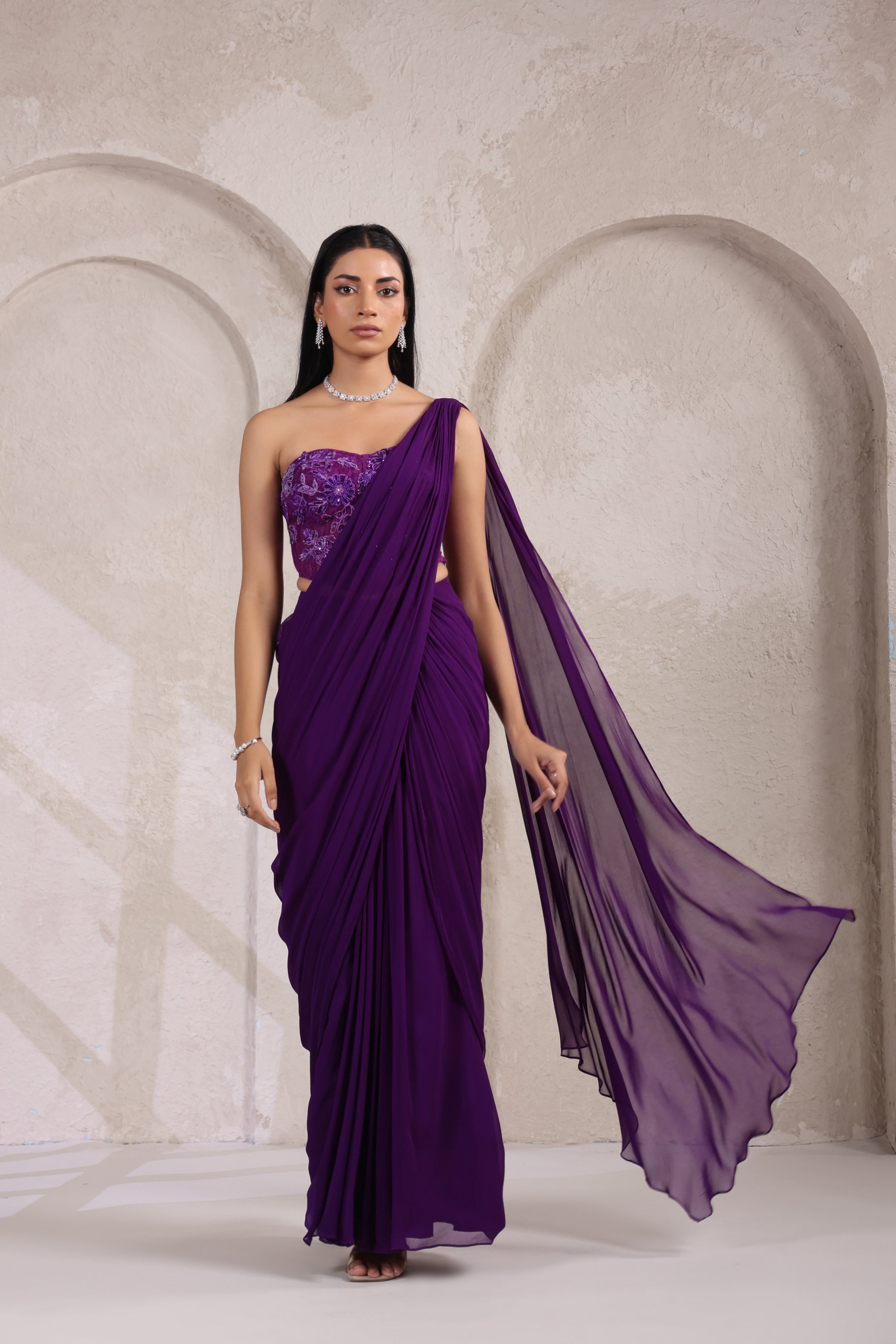 PURPLE CORSET EMBROIDERED BLOUSE WITH DRAPE SAREE