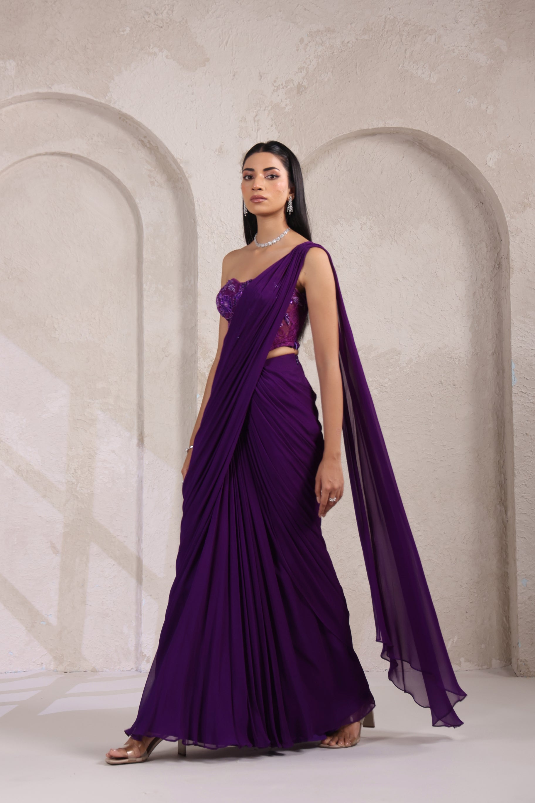 PURPLE CORSET EMBROIDERED BLOUSE WITH DRAPE SAREE