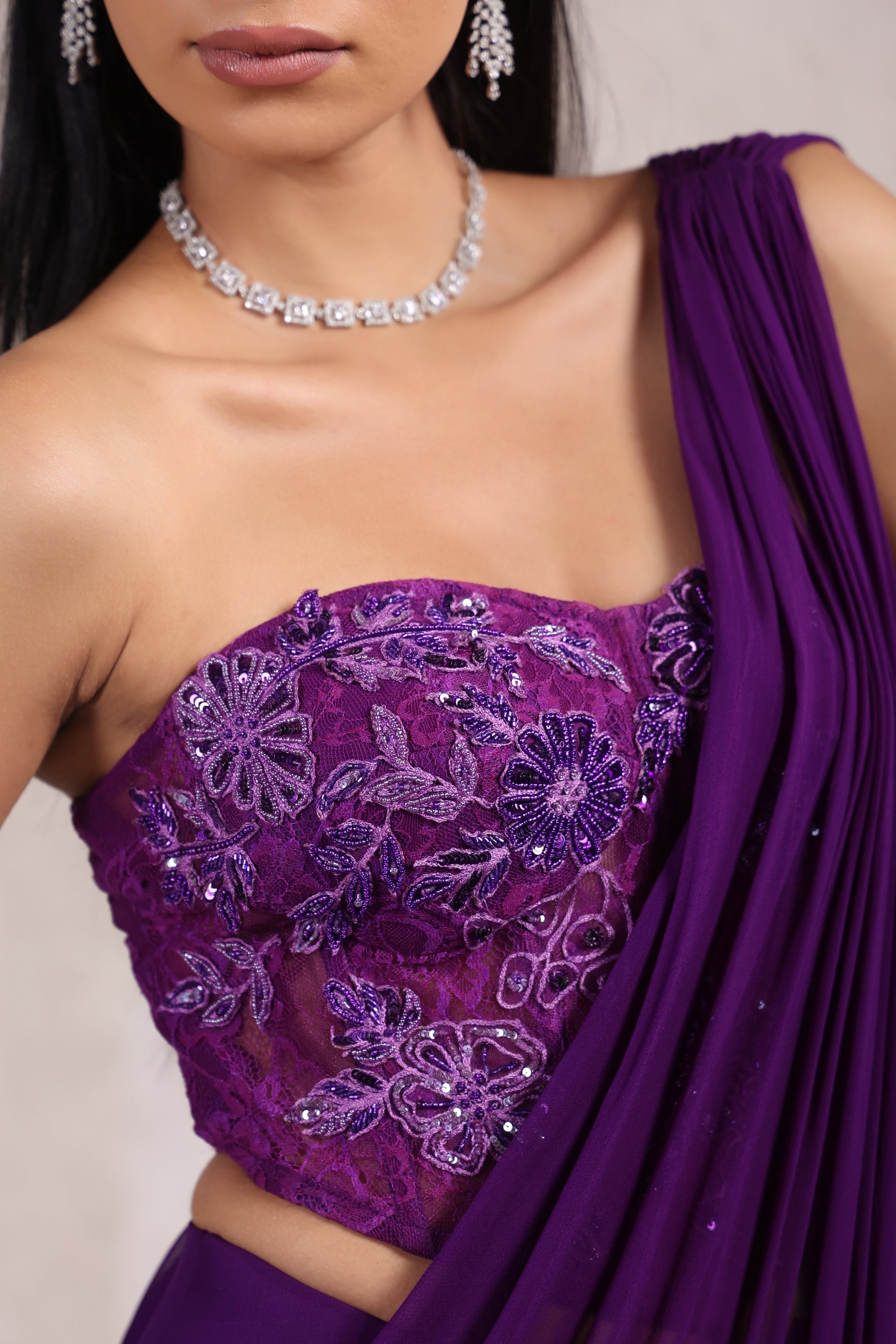 PURPLE CORSET EMBROIDERED BLOUSE WITH DRAPE SAREE