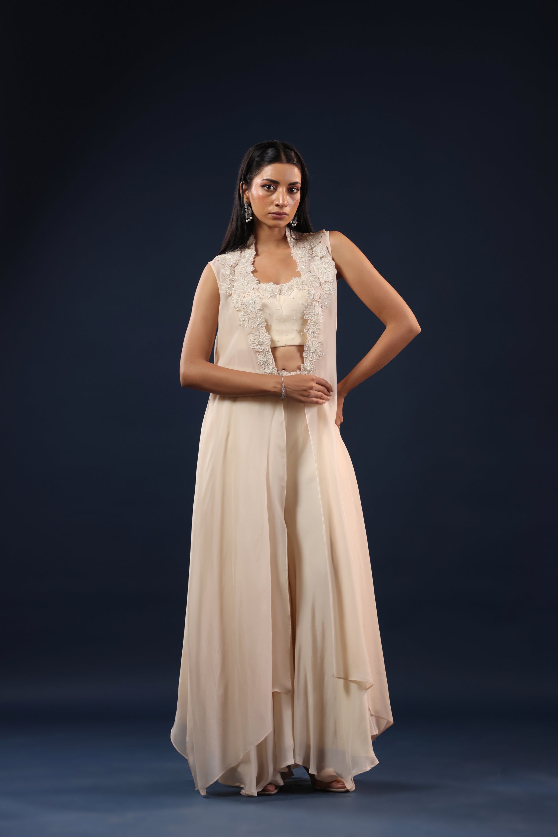 OFF WHITE EMBROIDERED JACKET & PALAZZO CO-ORD SET.