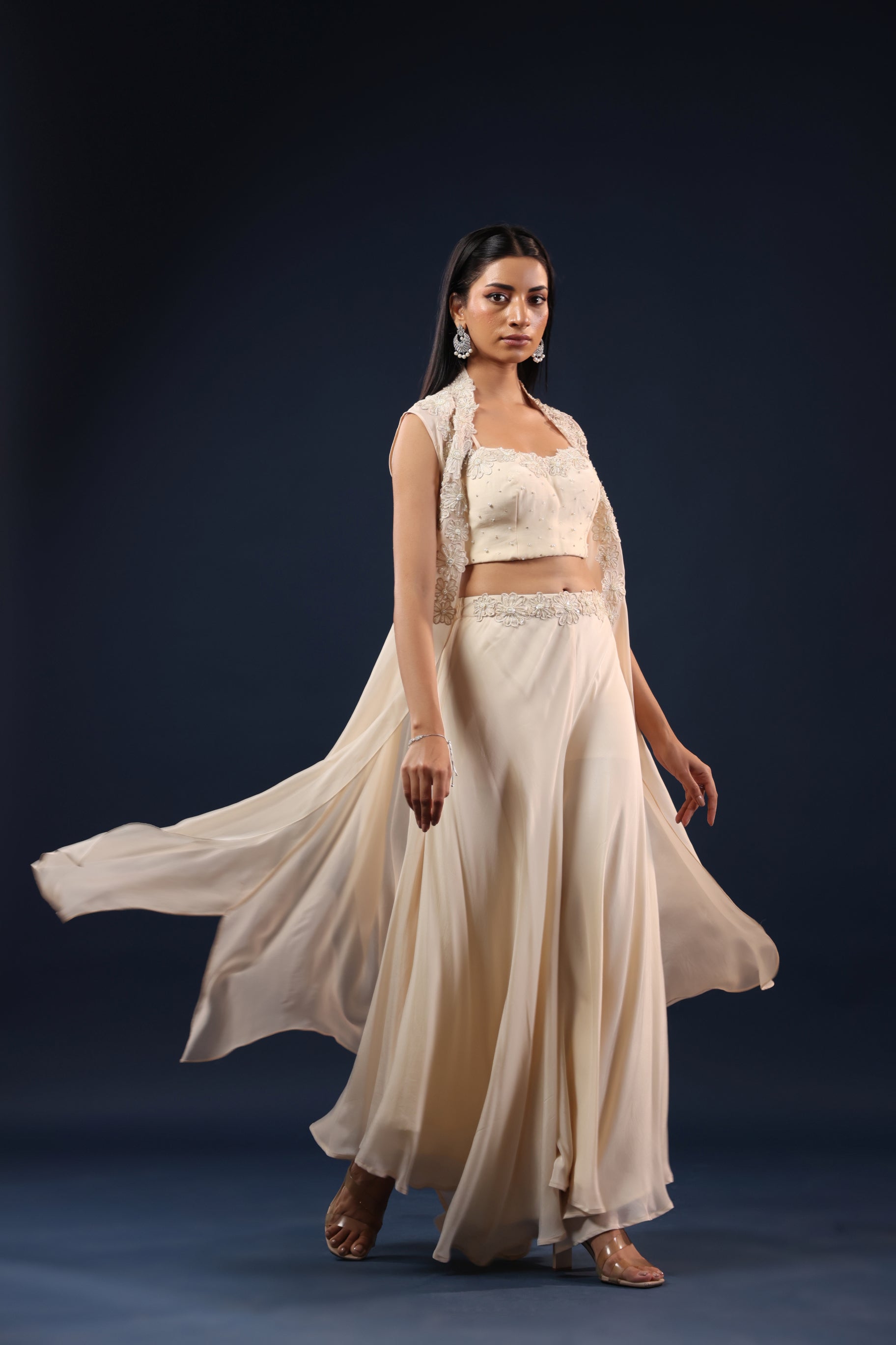 OFF WHITE EMBROIDERED JACKET & PALAZZO CO-ORD SET.