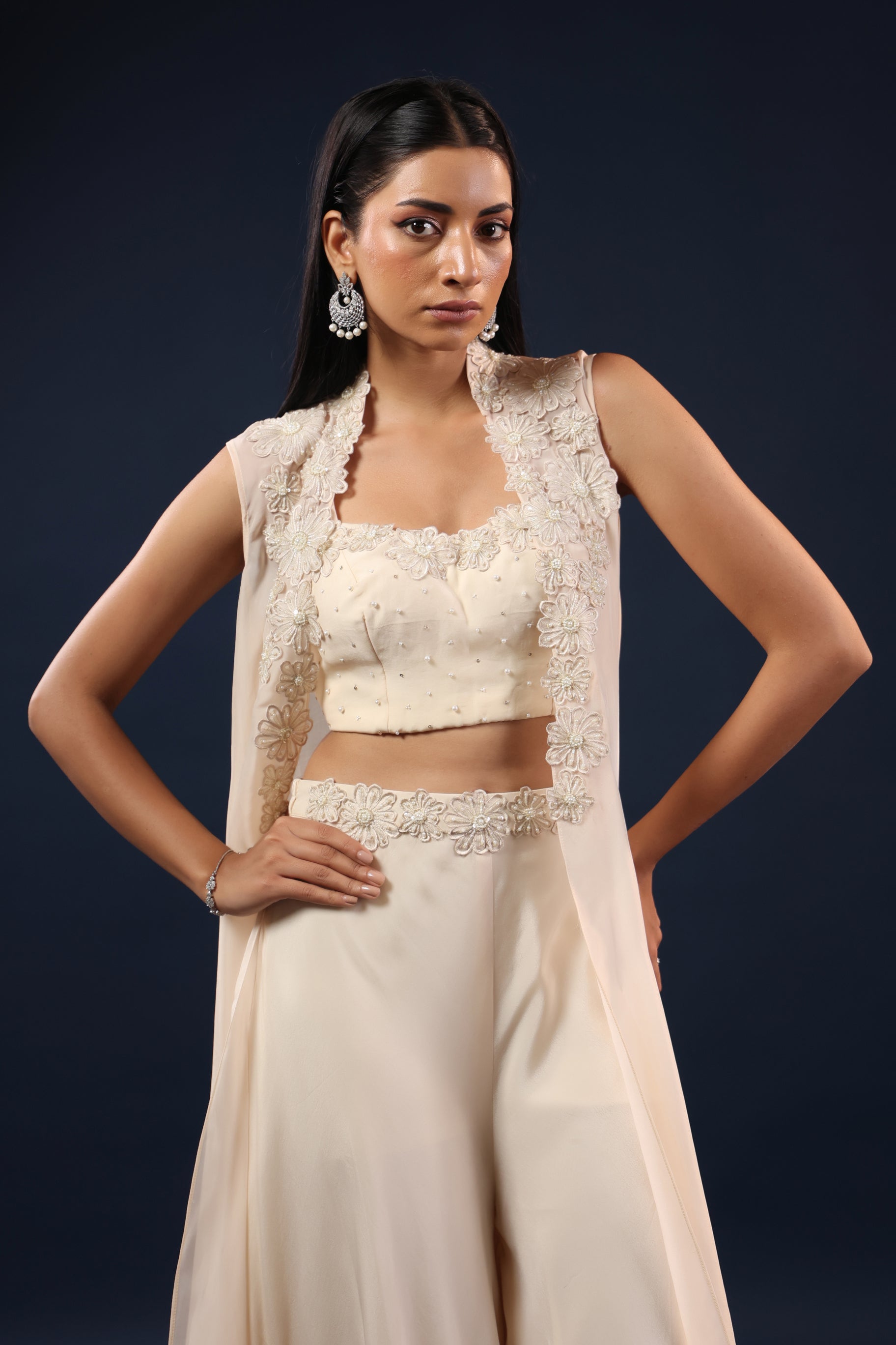 OFF WHITE EMBROIDERED JACKET & PALAZZO CO-ORD SET.