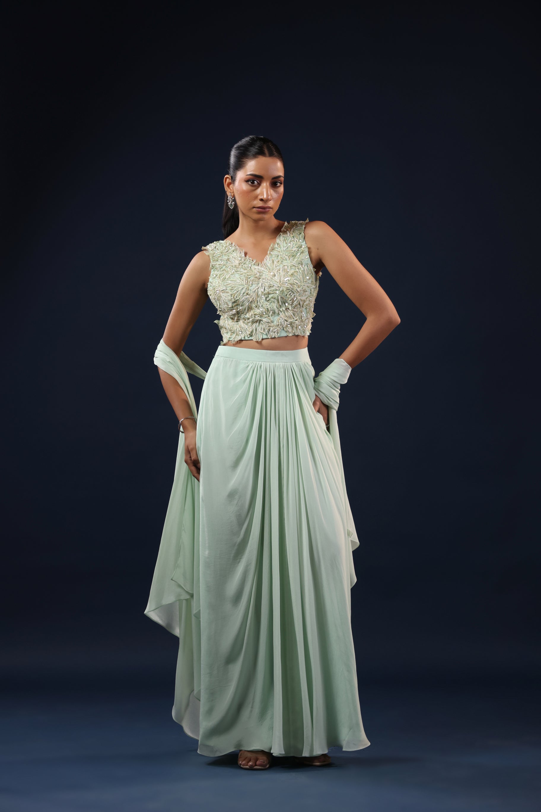 AQUA EMBELLISHED CROP TOP WITH FLOWING SKIRT & DUPATTA SET.
