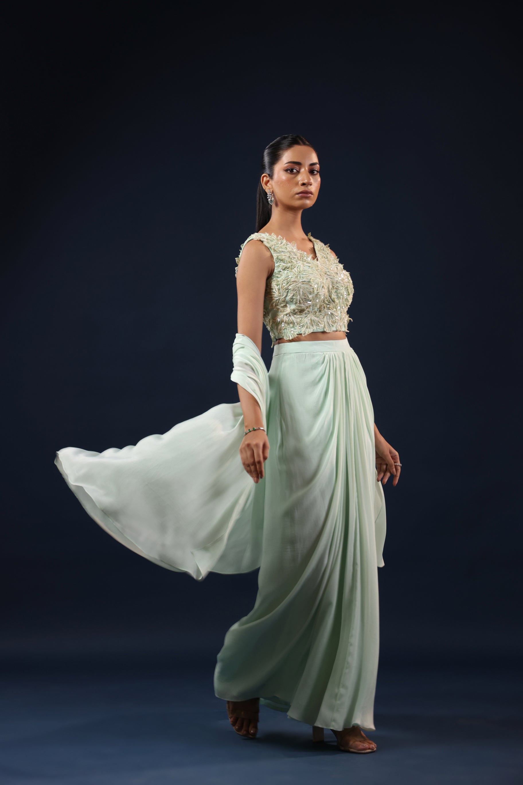 AQUA EMBELLISHED CROP TOP WITH FLOWING SKIRT & DUPATTA SET.