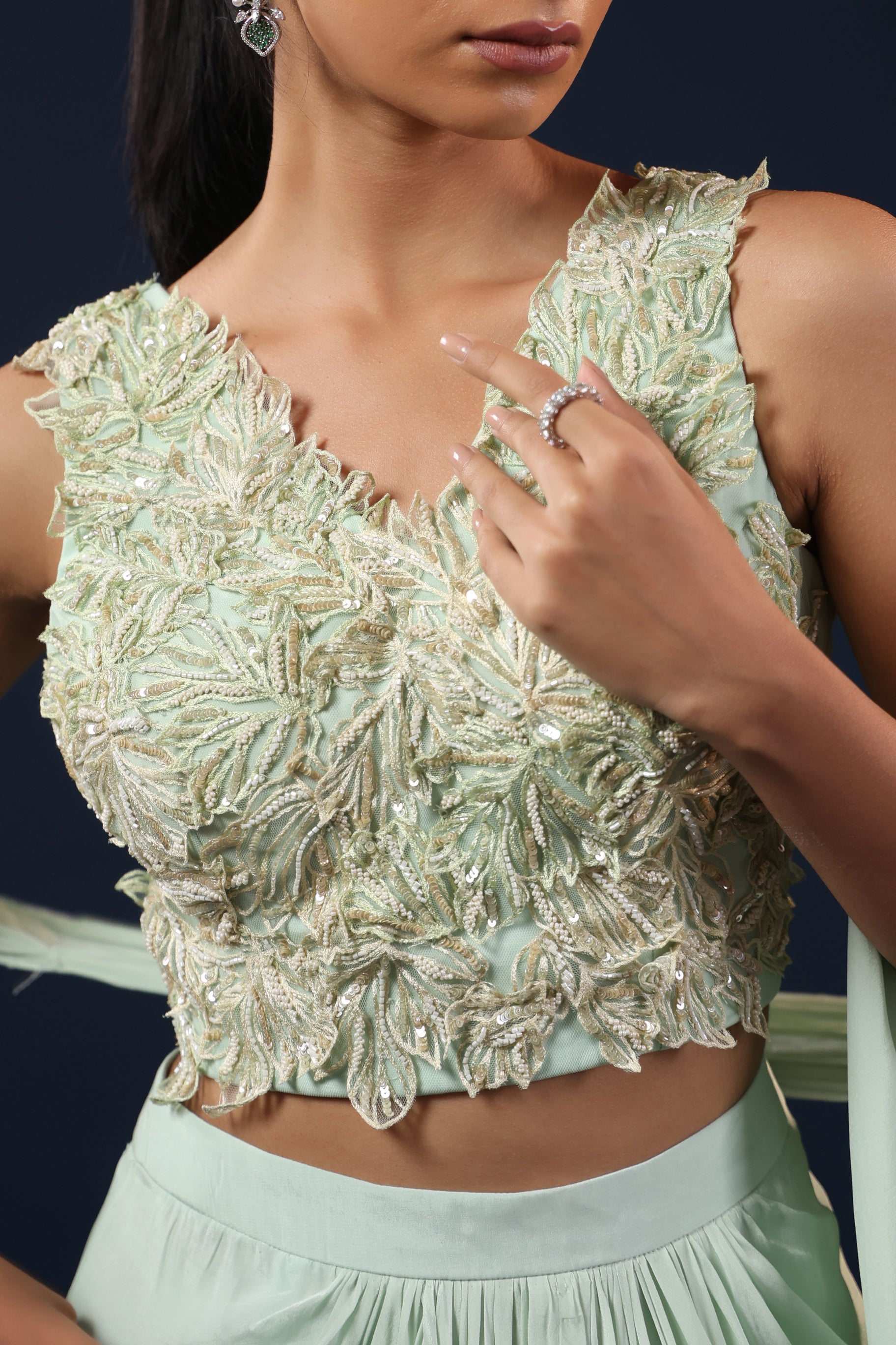 AQUA EMBELLISHED CROP TOP WITH FLOWING SKIRT & DUPATTA SET.