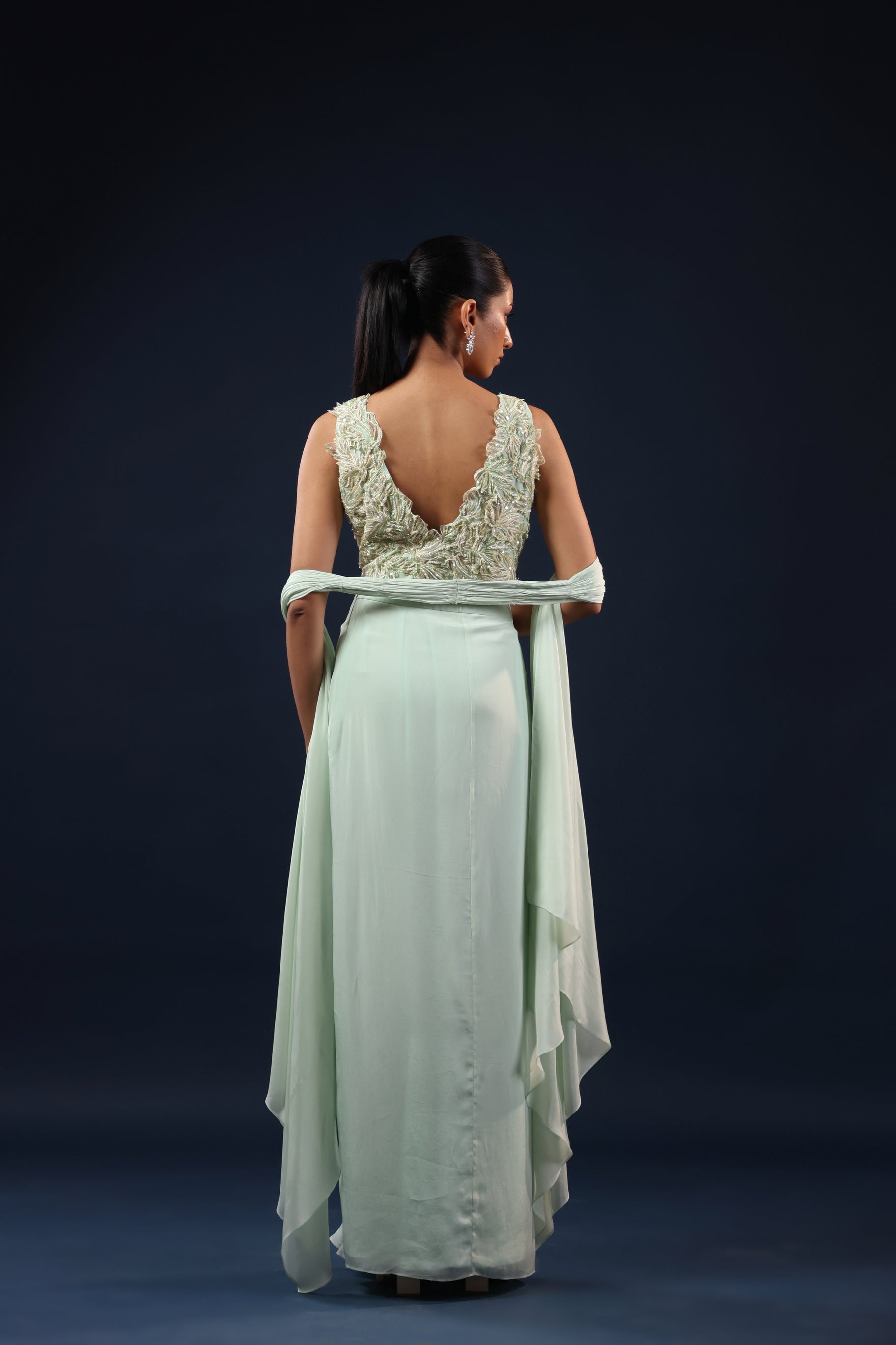 AQUA EMBELLISHED CROP TOP WITH FLOWING SKIRT & DUPATTA SET.