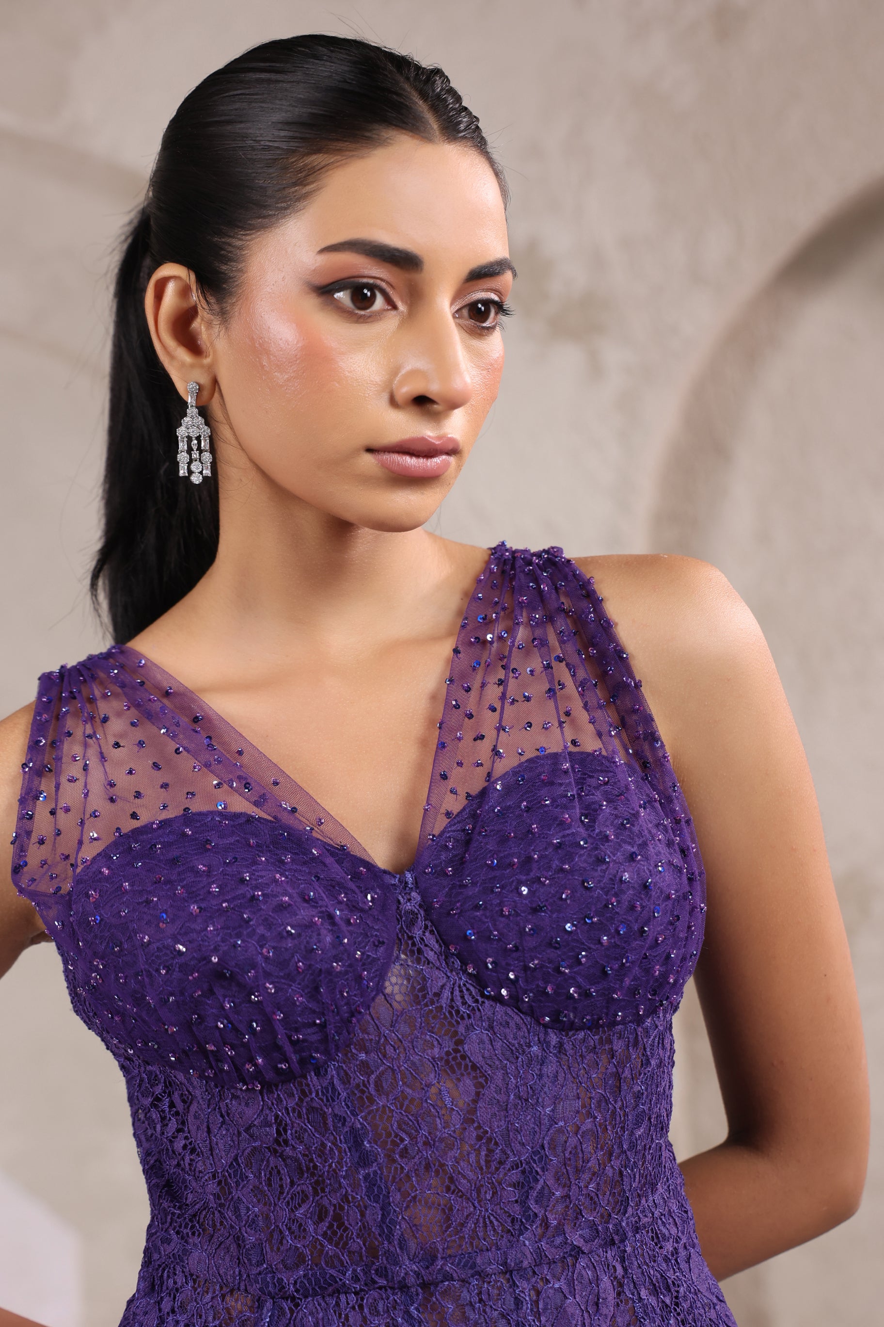 PURPLE CHANTILLY LACE CORSET WITH PANTS.