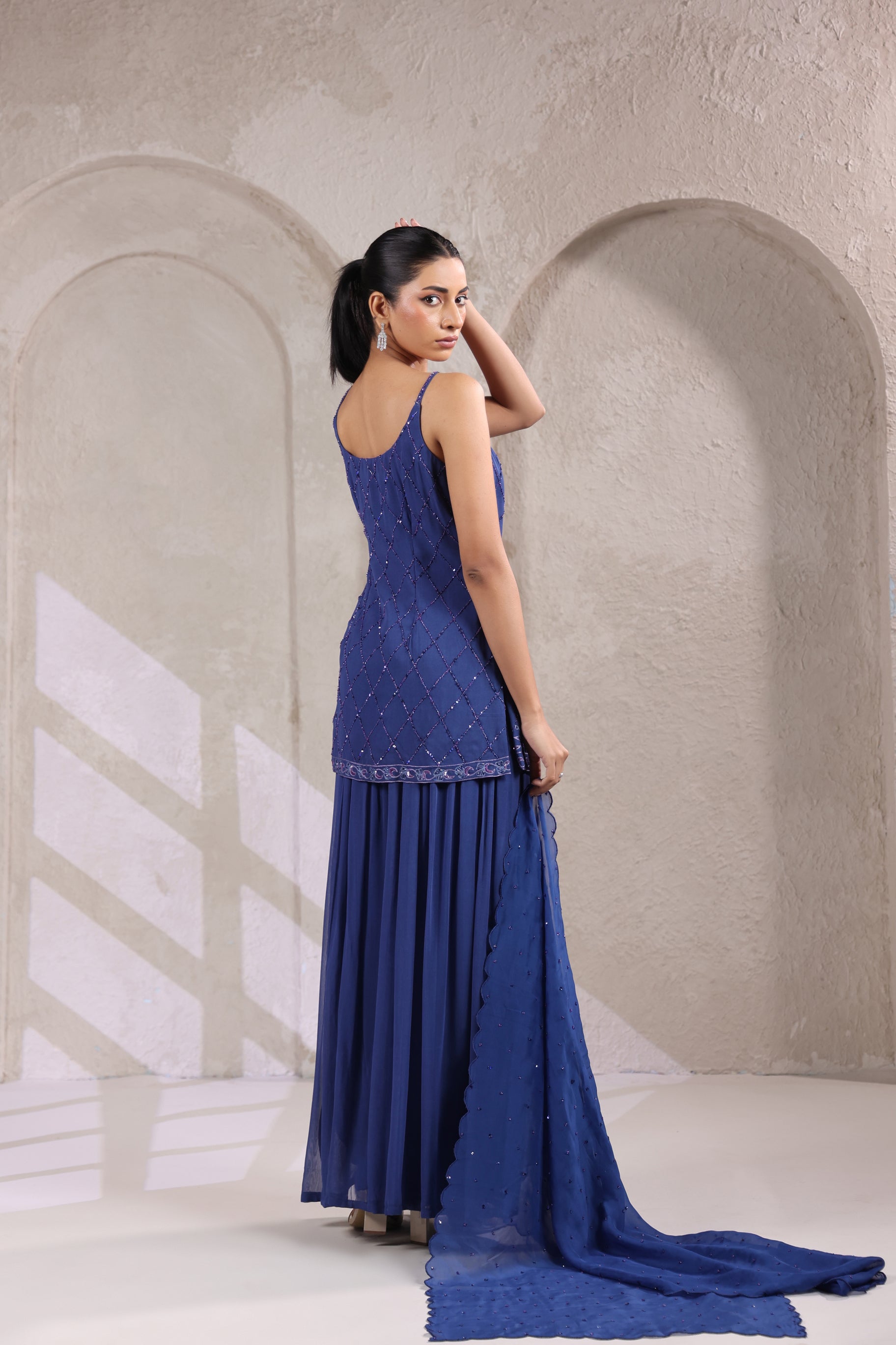 TWILIGHT BLUE SEQIUN & BEAD EMBELLISHED SHARARA SET.